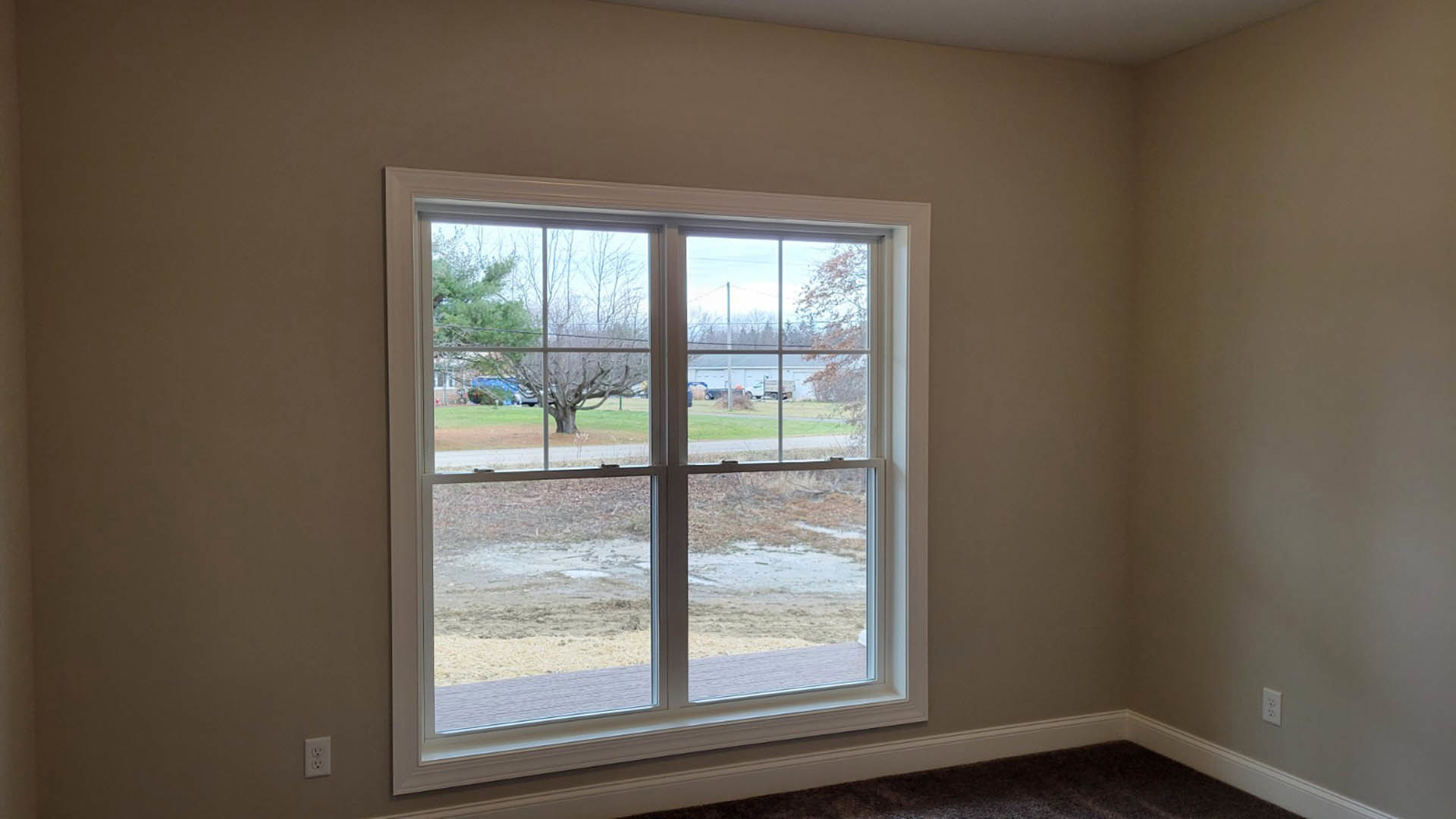 Large window with white trim overlooking yard and trees, brown carpet flooring, white walls, and window blinds