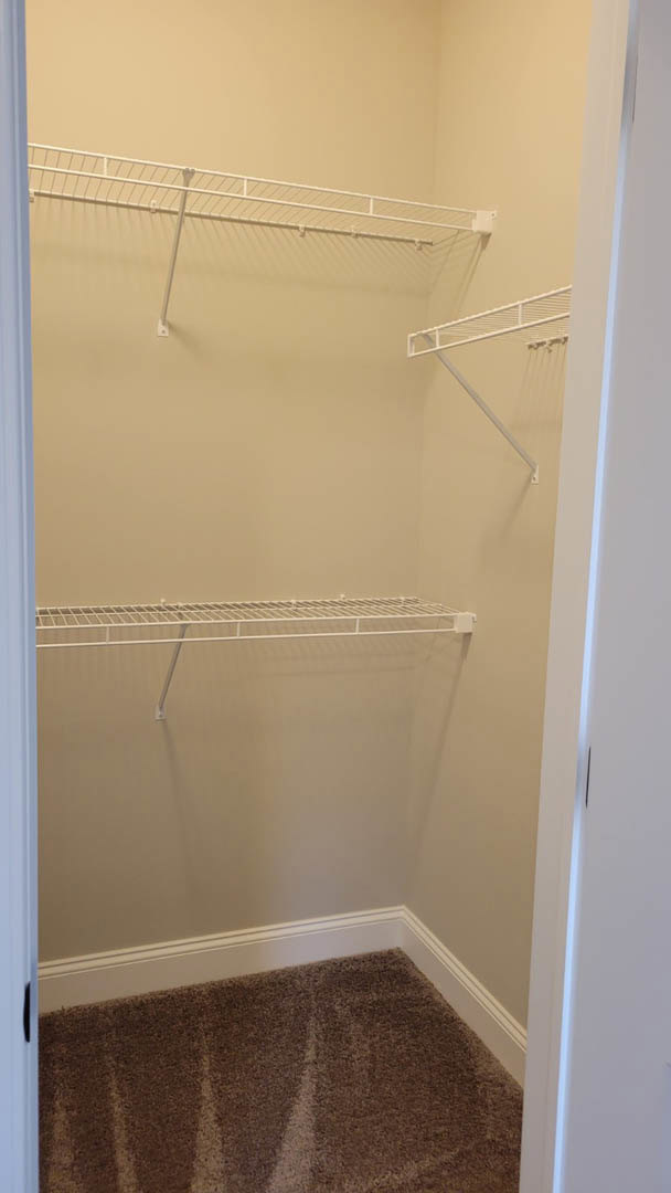 White closet interior with built-in shelves, metal clothes rack, and carpeted floor