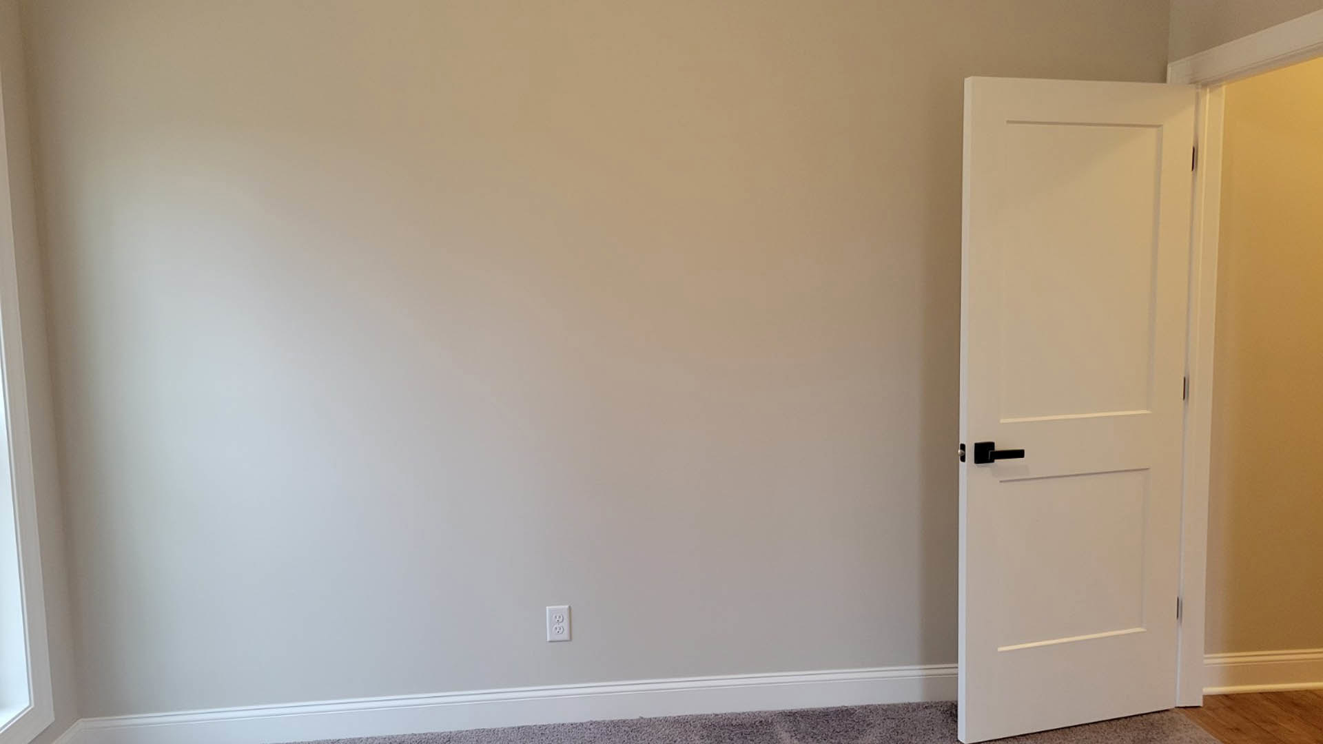 White paneled door with black handle, white plaster walls, wood floor, electrical outlet, and baseboard molding in a residential interior room