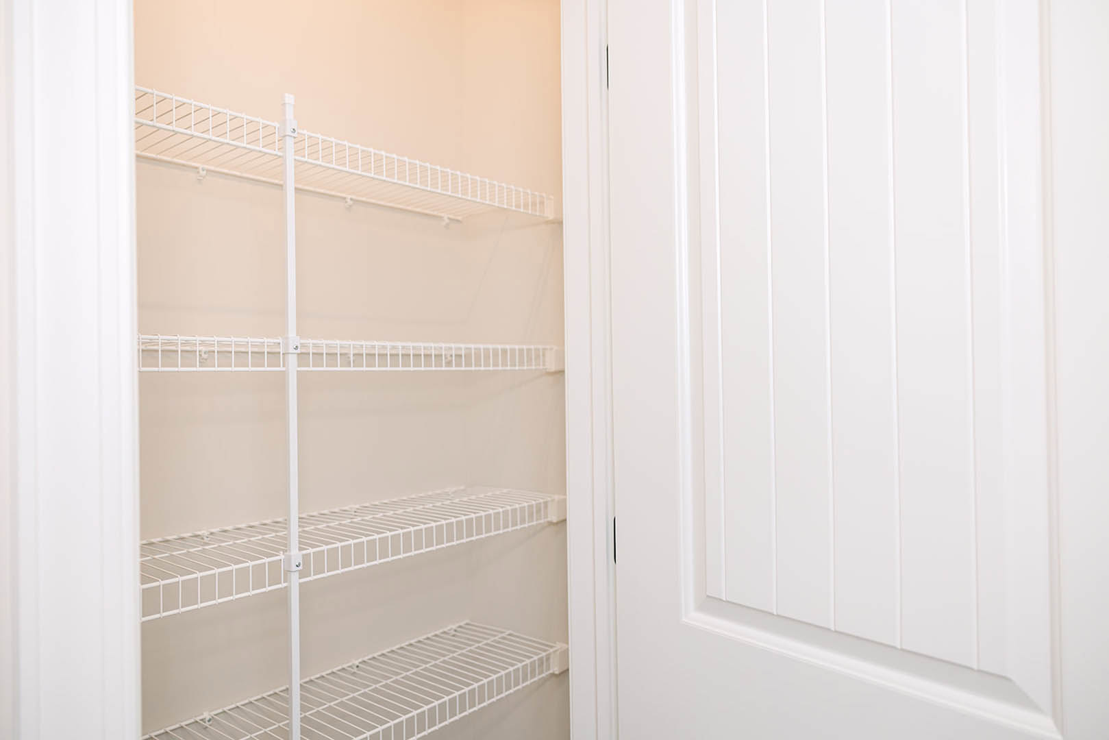 White built-in shelves and metal hanging bar inside a closet with white walls and a white door featuring vertical lines and a brown frame.