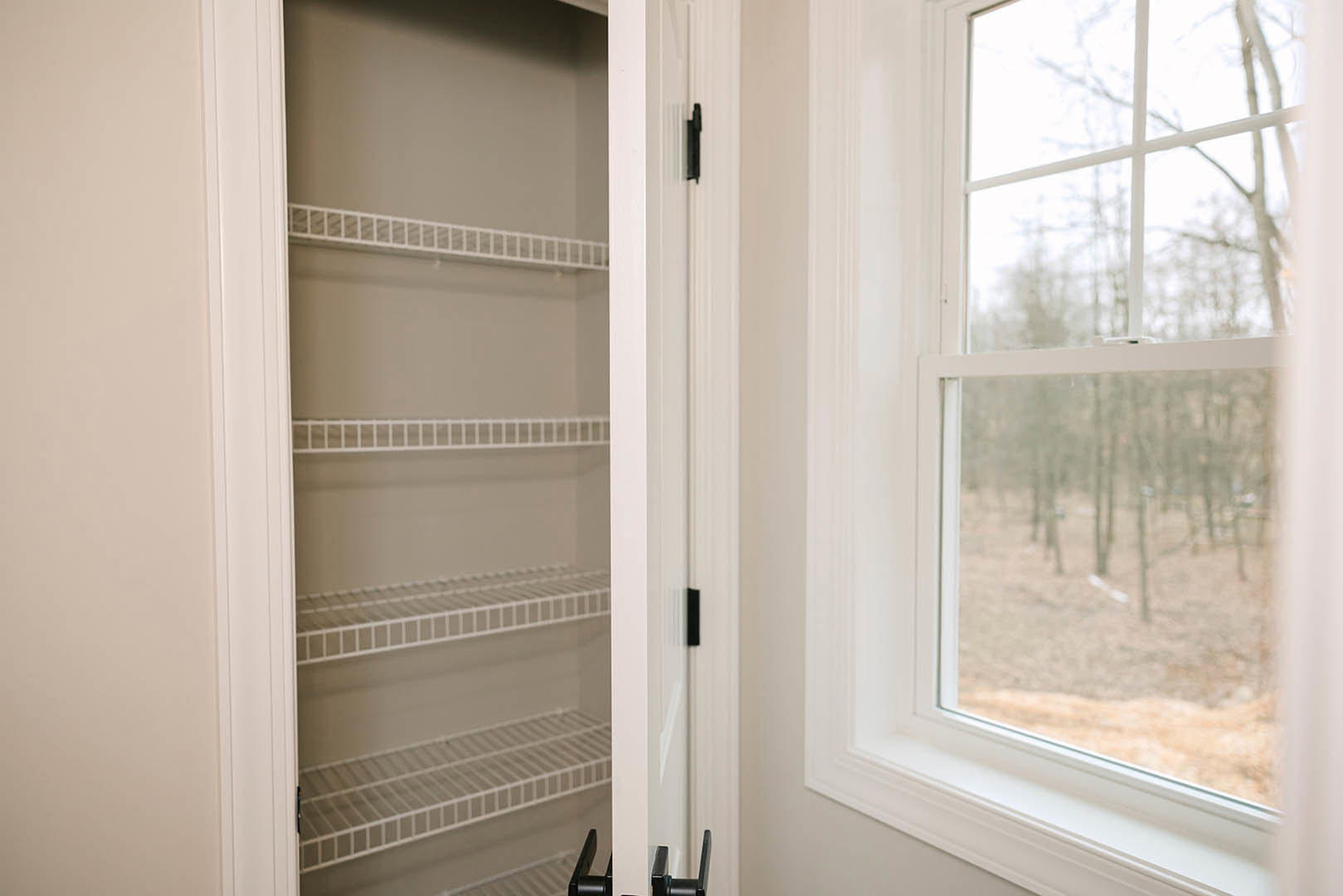 Walk-in closet with built-in white shelves, window overlooking trees, white ladder leaning against wall, person standing near upright piano, door handle visible