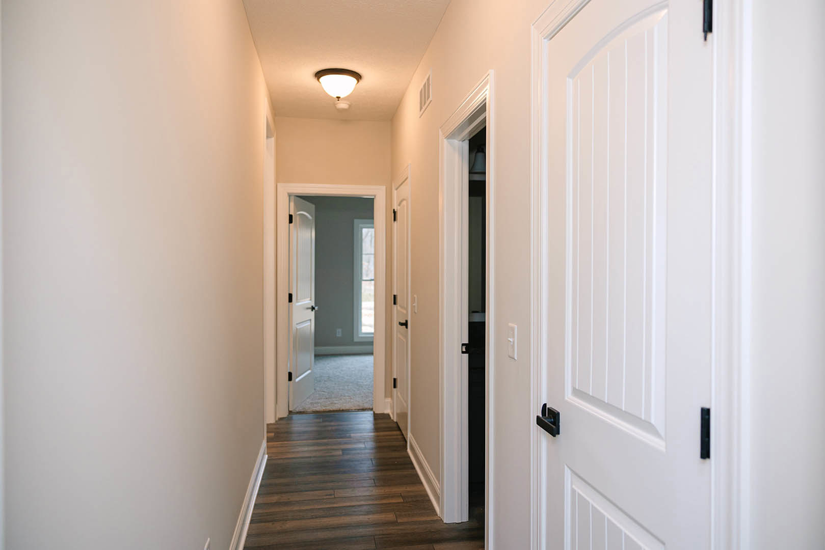 Hallway with dark hardwood floor, white doors and trim, black door handles, ceiling light fixture, and white molding