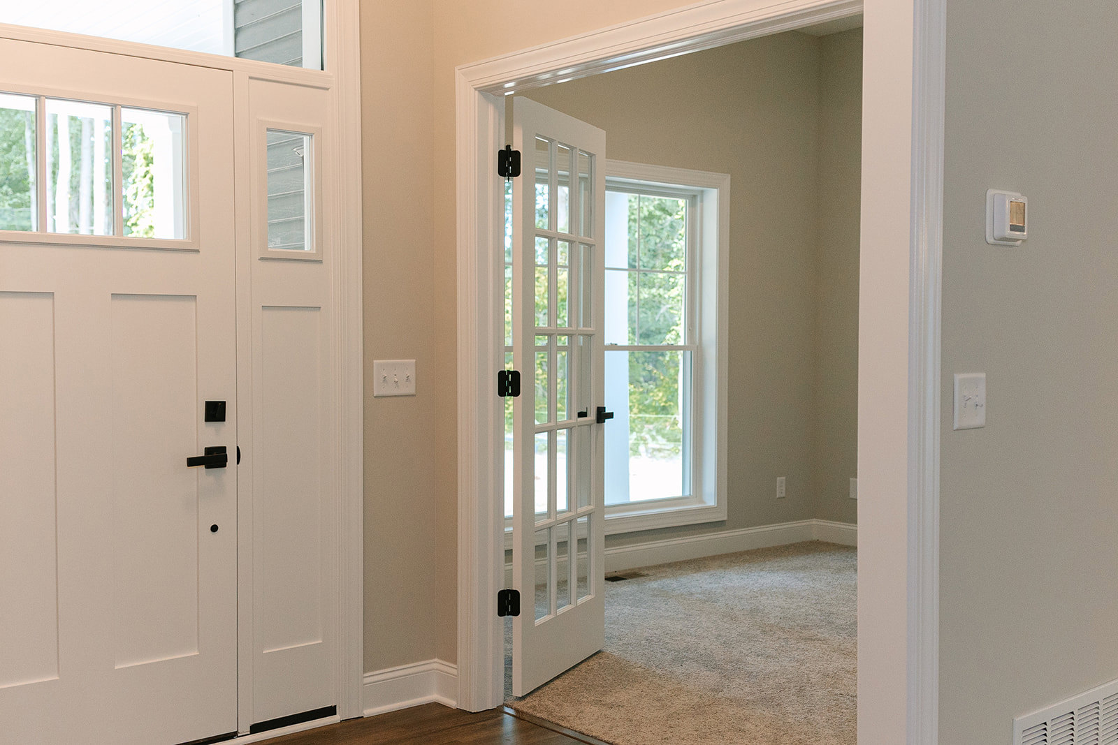 White door with glass panes open to a carpeted room, light switch on adjacent wall, window visible beyond doorway.