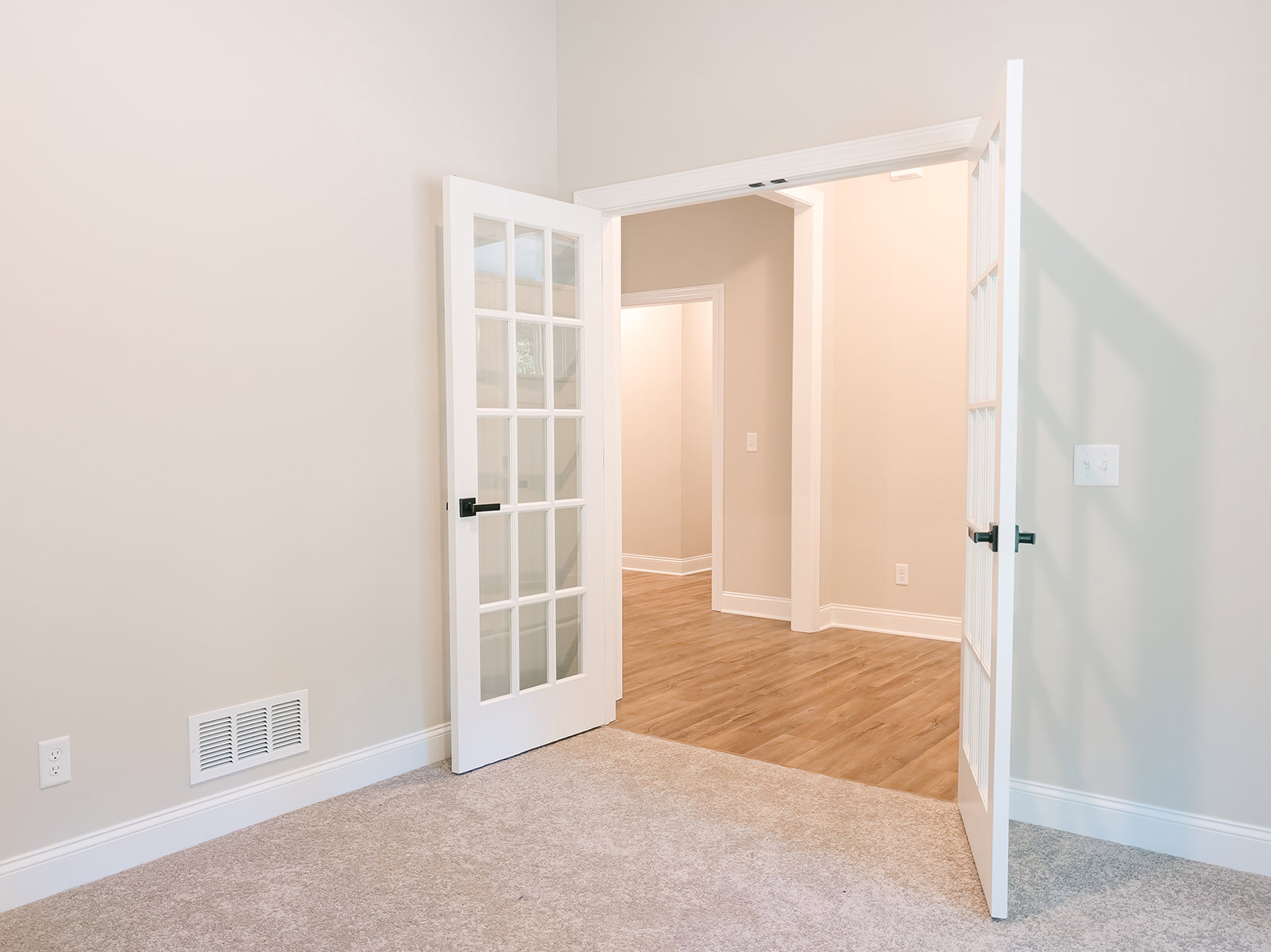 White paneled door with glass panes open to carpeted room, white light switch and vent on plaster wall