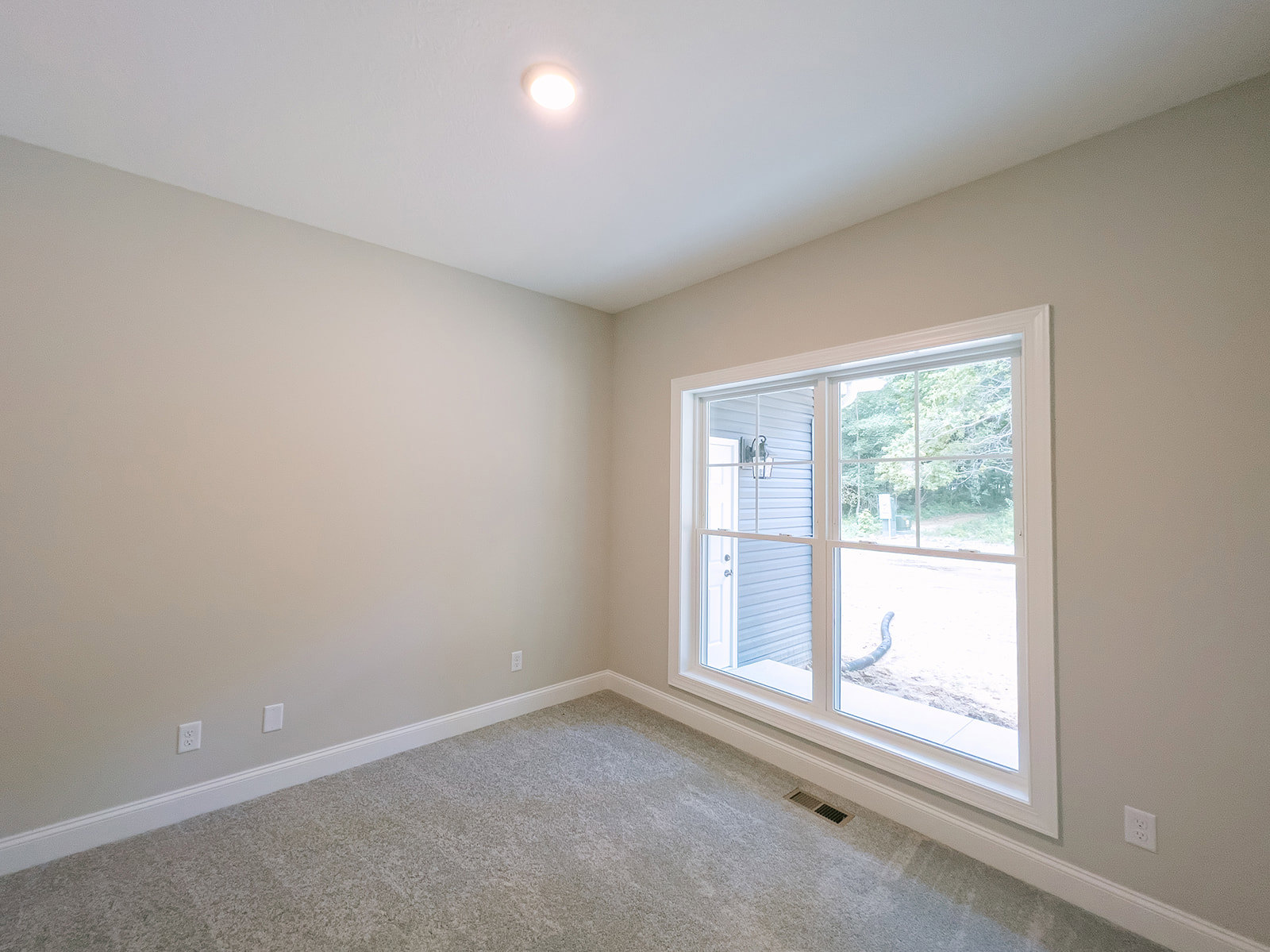 Carpeted bedroom with white walls, ceiling light fixture, large window with blinds, and outdoor garden hose visible through glass