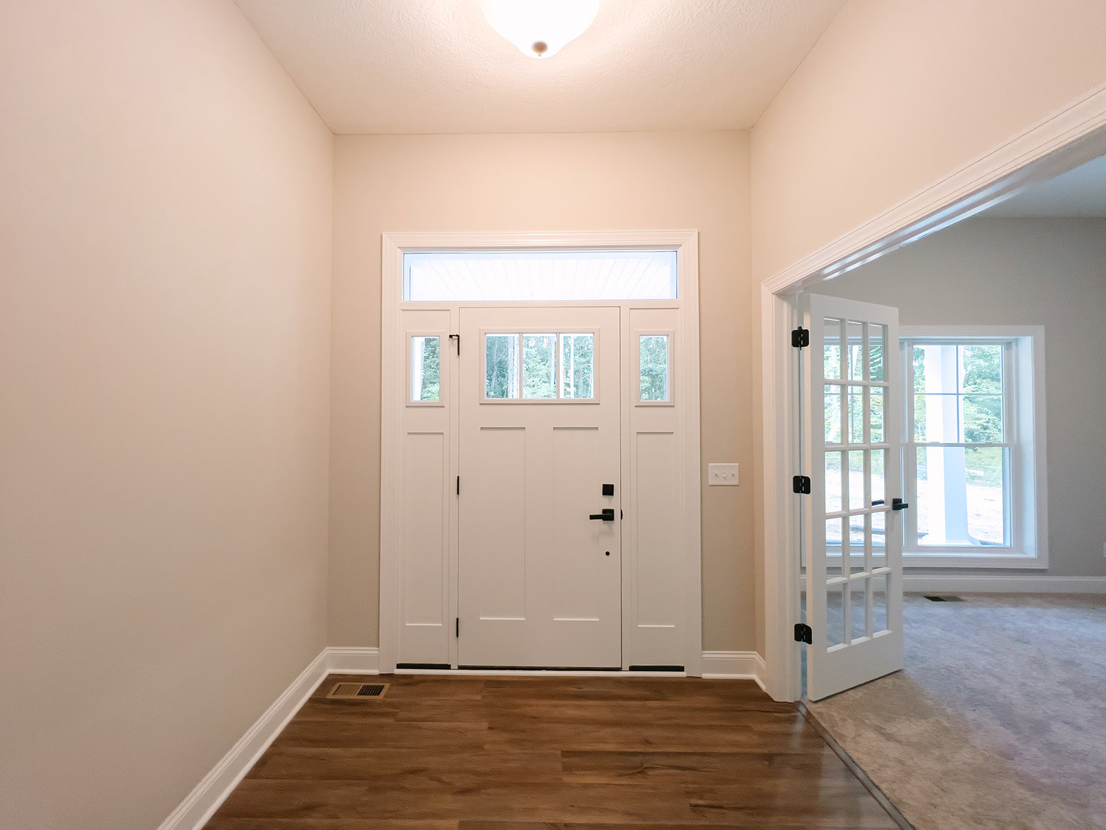 White paneled door with glass windows, laminate flooring, white vent on wood surface, ceiling light fixture, window overlooking trees, plaster walls