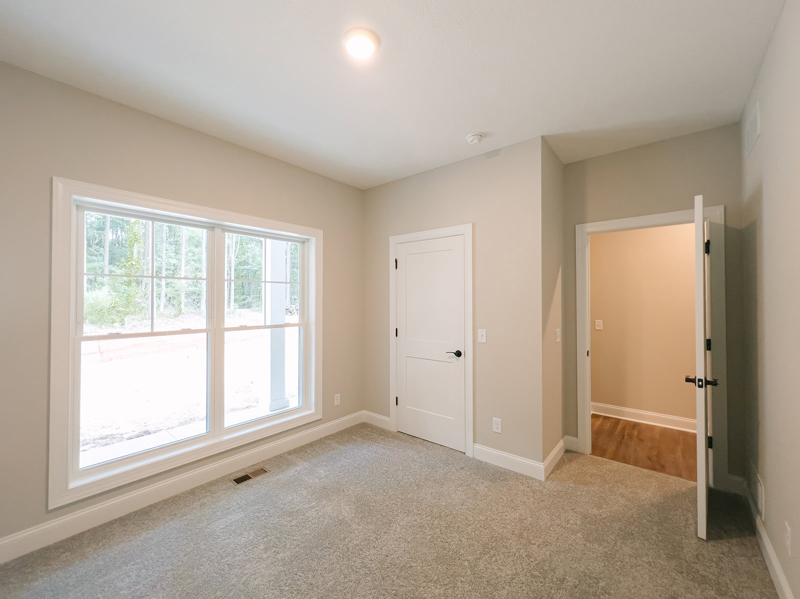 Carpeted room with white door featuring black handle, large window with white trim, ceiling light fixture, and neutral painted walls with crown molding