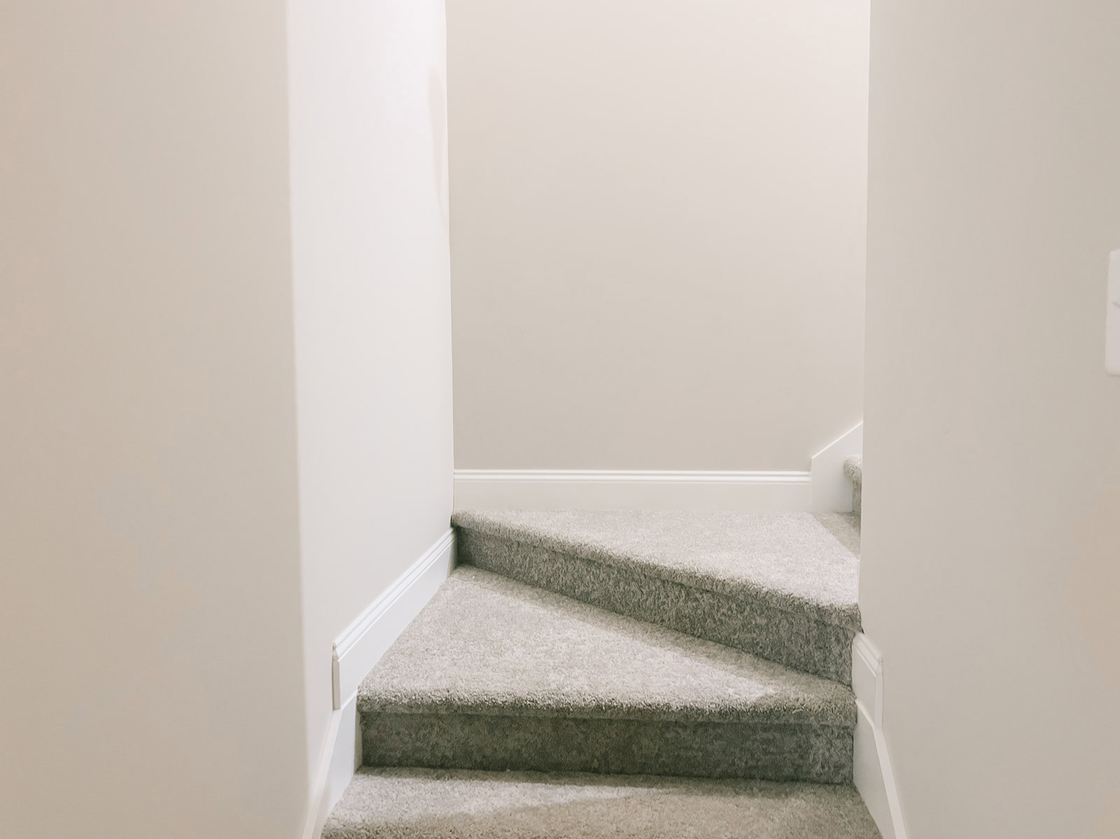 Carpeted staircase with white risers and brown treads, adjacent to a white plaster wall and light flooring