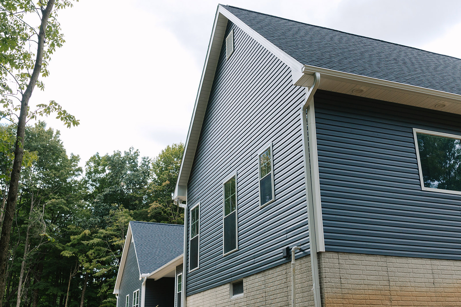 Blue siding house with white trim, gabled roof, large windows, and leafy green trees surrounding the exterior
