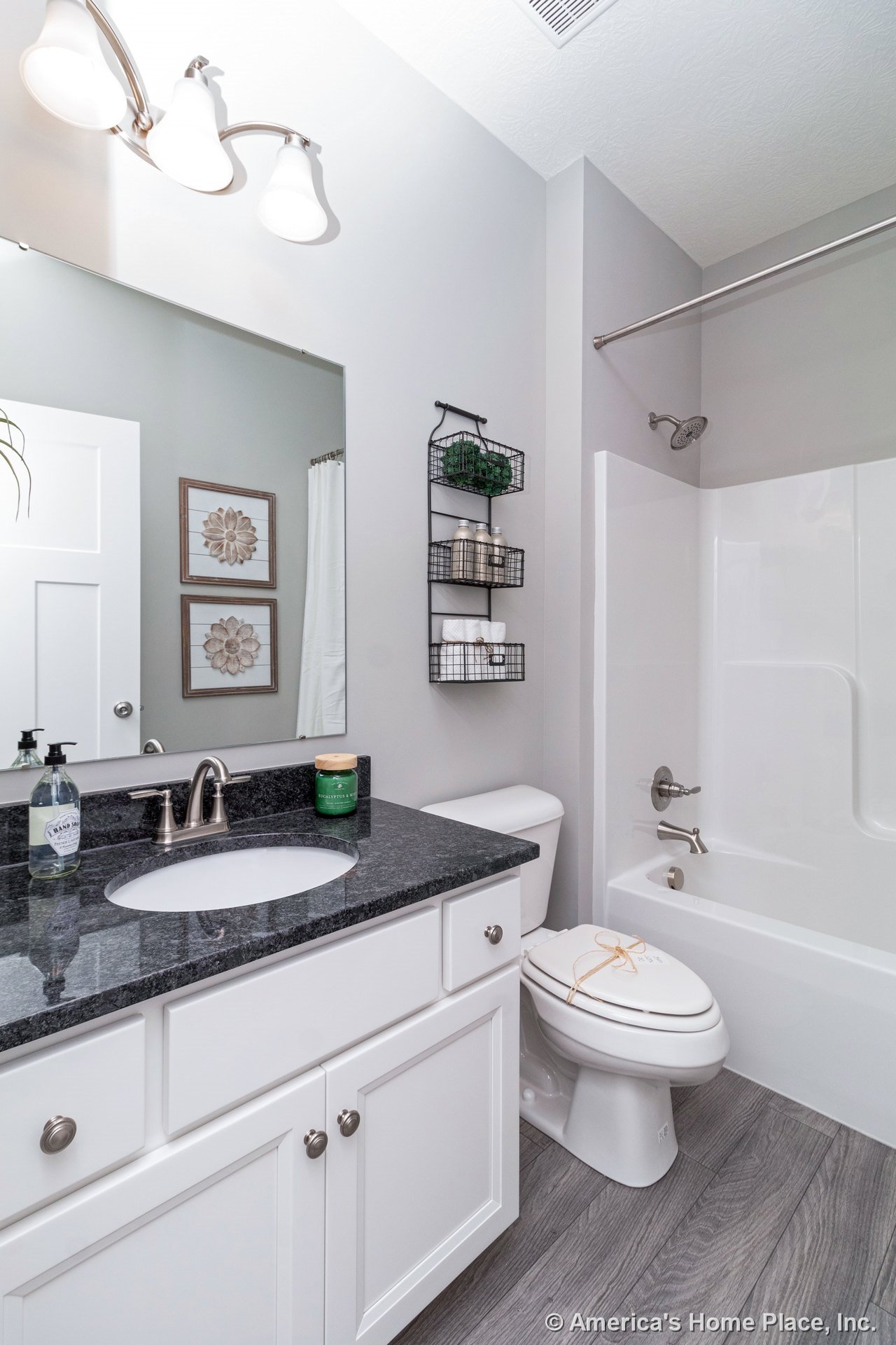 White shaker-style vanity with granite countertop and undermount sink, brushed nickel wall-mounted faucet, built-in bathtub and shower unit, wood-look tile flooring, three-light