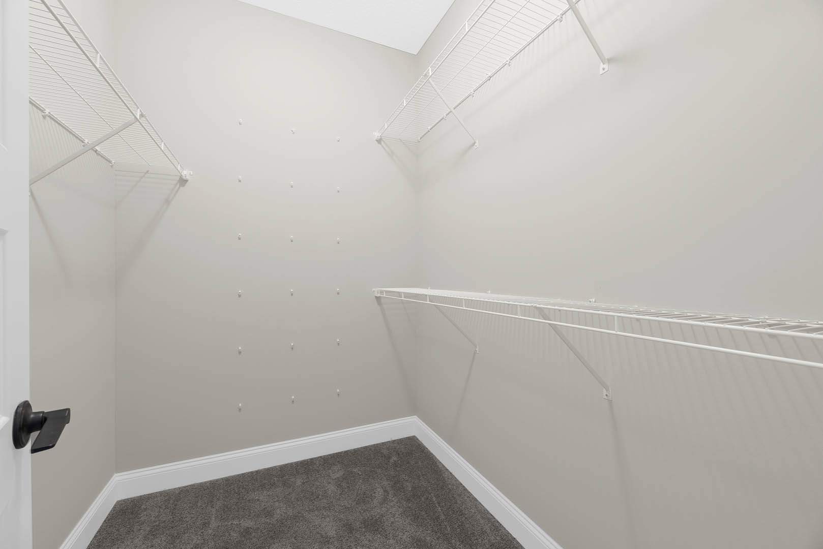 White built-in shelves mounted on a plaster wall above light gray carpet, with a white ceiling and metal rods visible.