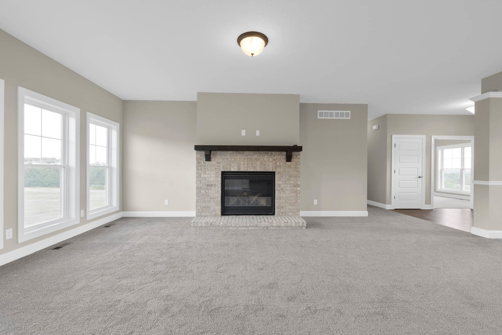 Living room with beige carpet, brick fireplace with glass door, white door with silver knobs, ceiling light fixture, window showing outdoor view, plaster walls with molding.