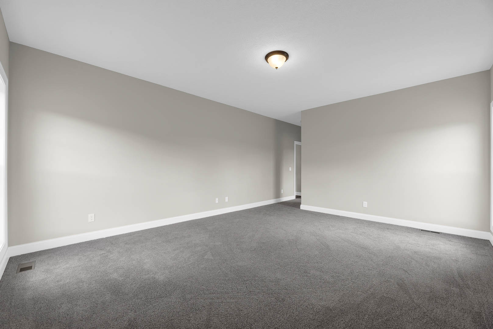 Grey carpeted room with white walls, ceiling-mounted light fixture, and wall vent