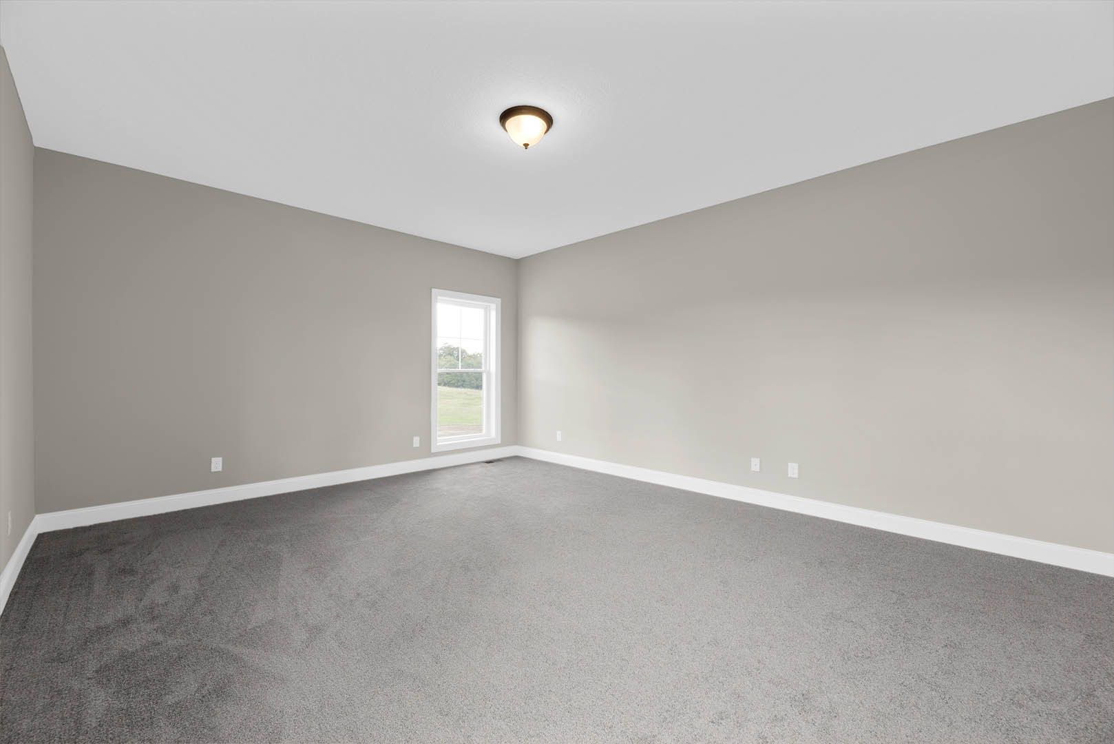 Neutral-toned carpeted room with white-framed window overlooking grassy field, plaster walls, and flush ceiling light fixture