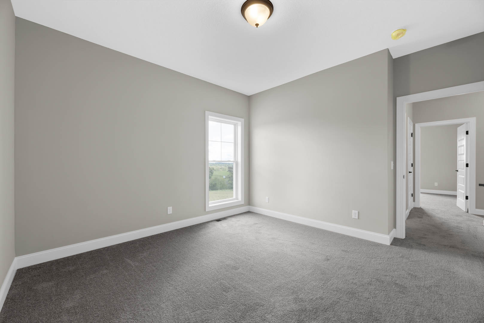 Carpeted room with white doors, ceiling light fixture, and large window overlooking landscape