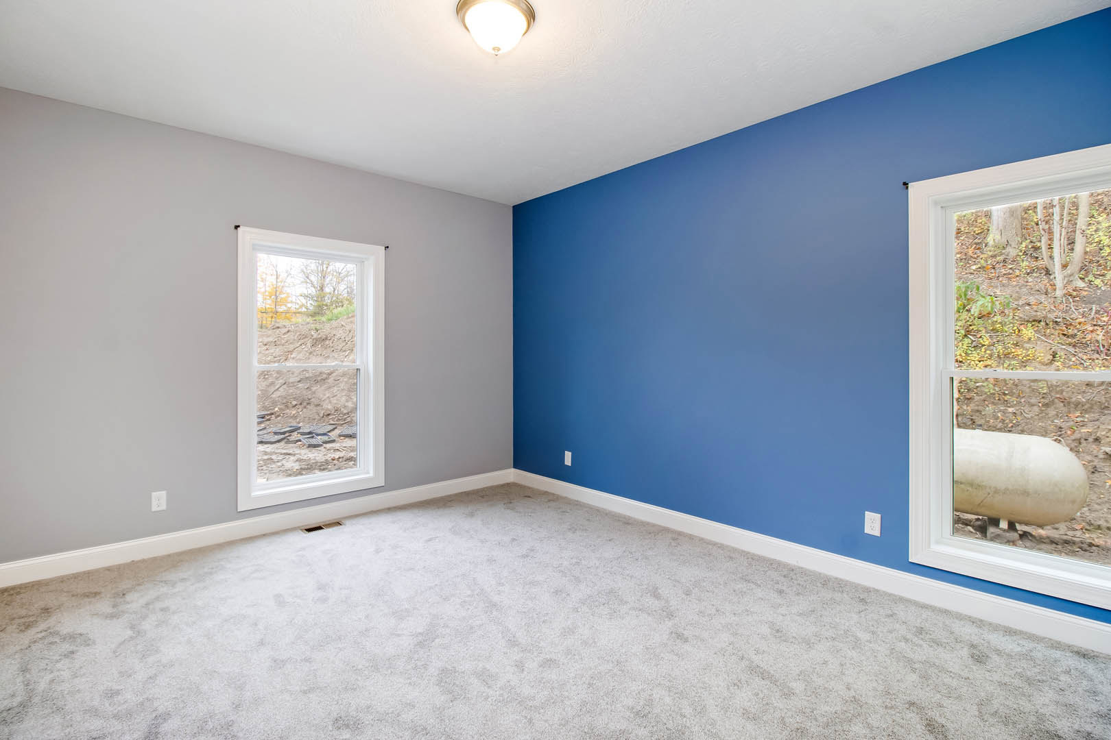 Blue accent wall with white trim, large window overlooking dirt and trees, white carpet flooring, ceiling light fixture, plaster ceiling with crown molding