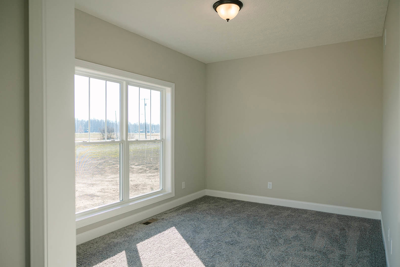 Neutral-toned carpeted floor, white walls with crown molding, large window overlooking grassy field, ceiling-mounted light fixture with white shade