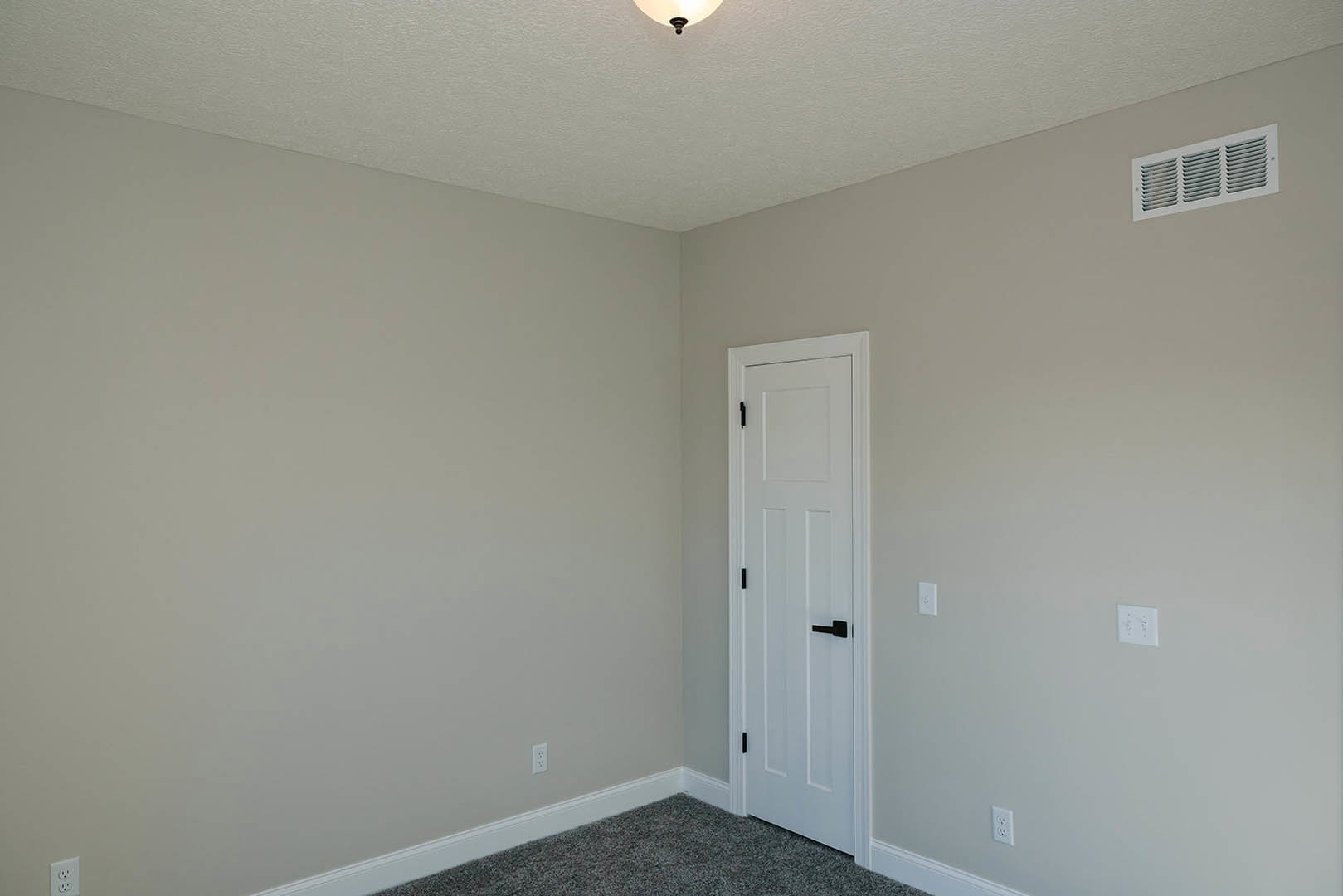 White paneled door with black handles, white walls, ceiling vent, flush-mounted light fixture, carpeted floor, and white light switch in a residential room.