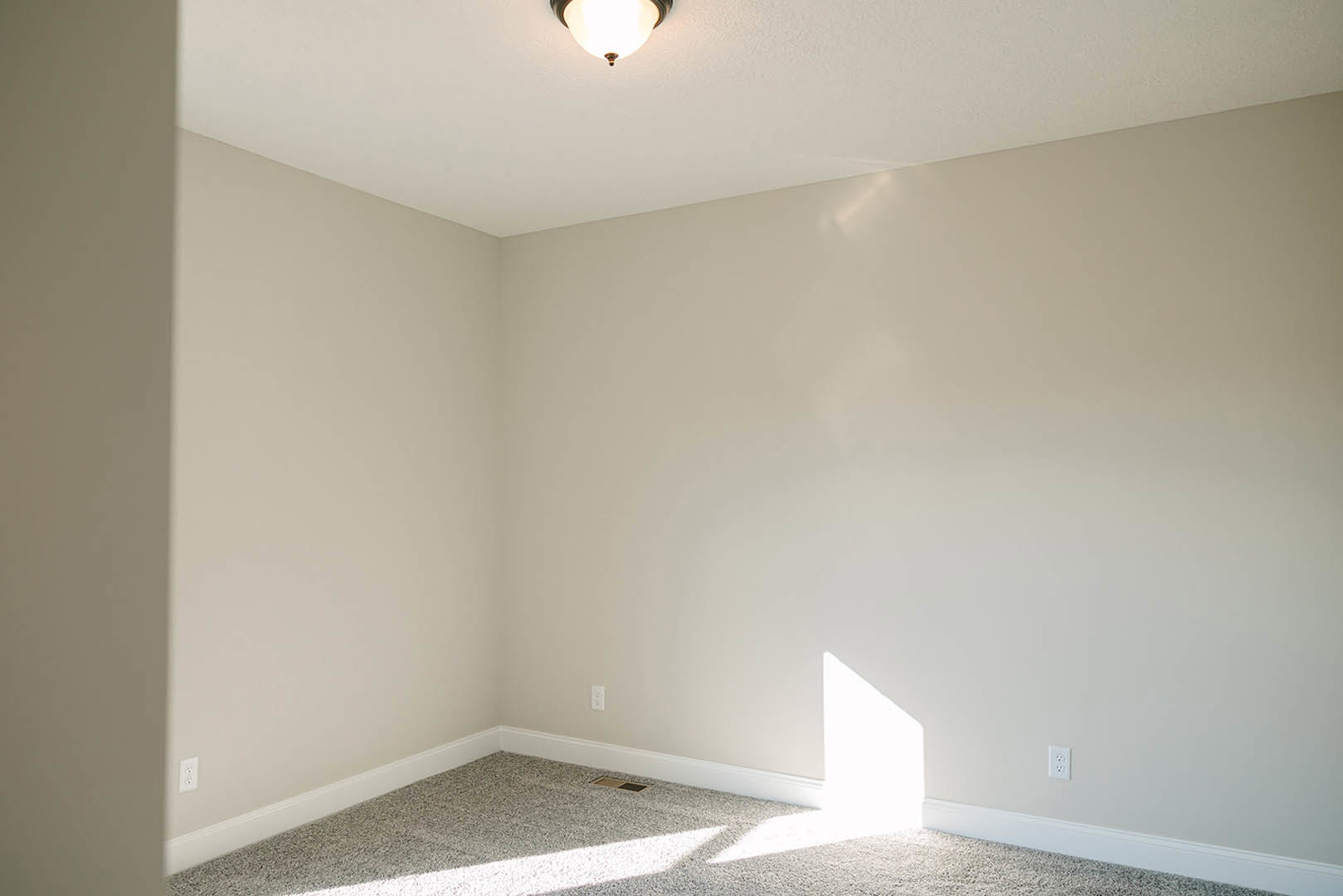 White plaster walls and ceiling with crown molding, recessed ceiling light fixture, beige carpeted floor, and room corner visible.
