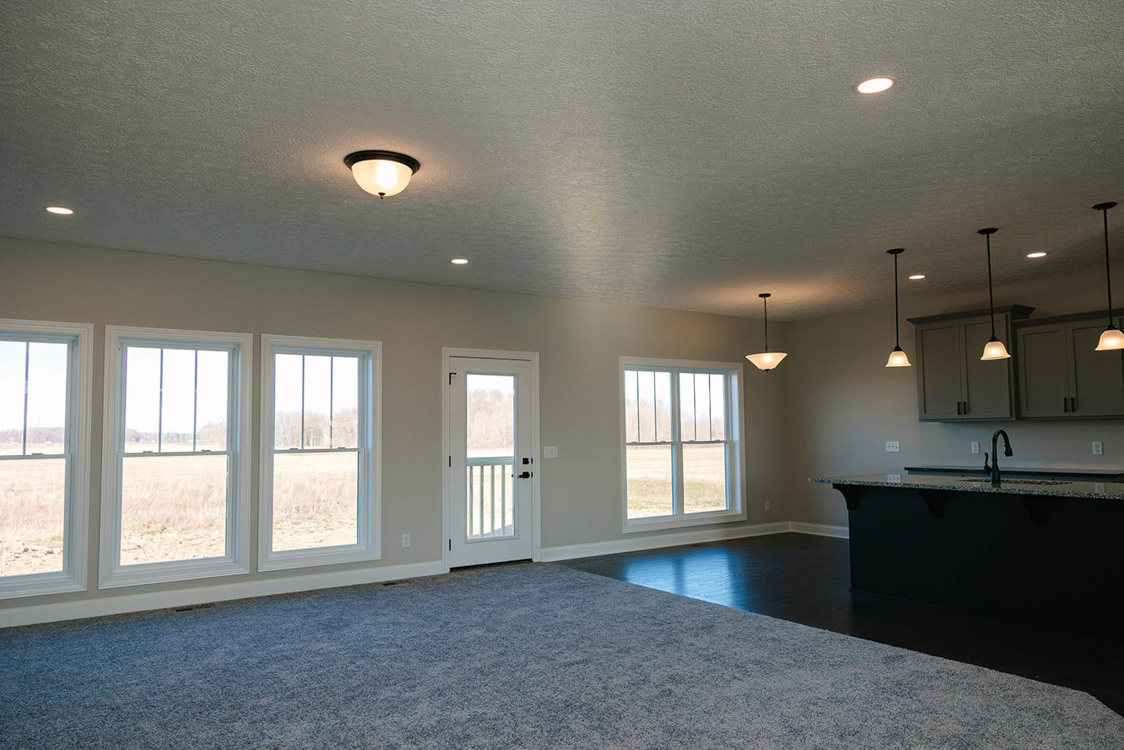 Dining area with rectangular wooden table, upholstered chairs, large windows overlooking grassy field, glass-paneled door, neutral walls, carpeted floor, and modern ceiling light