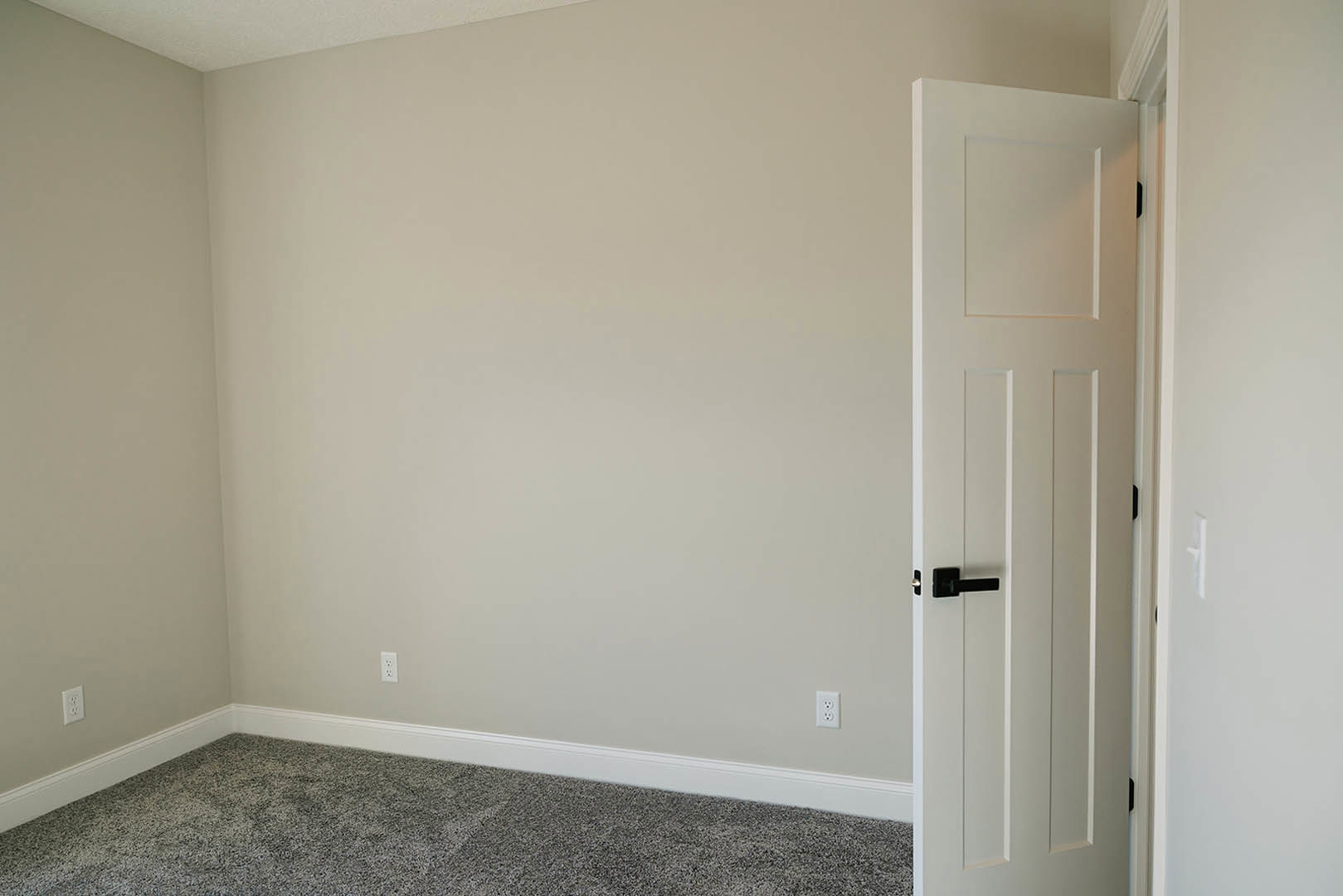 White paneled door with black handle, open to reveal beige carpeted floor and smooth white walls in a residential room.