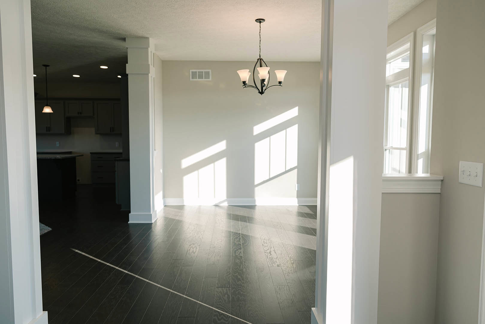 Chandelier hanging from white ceiling, dark wood floor with white trim, white door and light switch on pale plaster wall