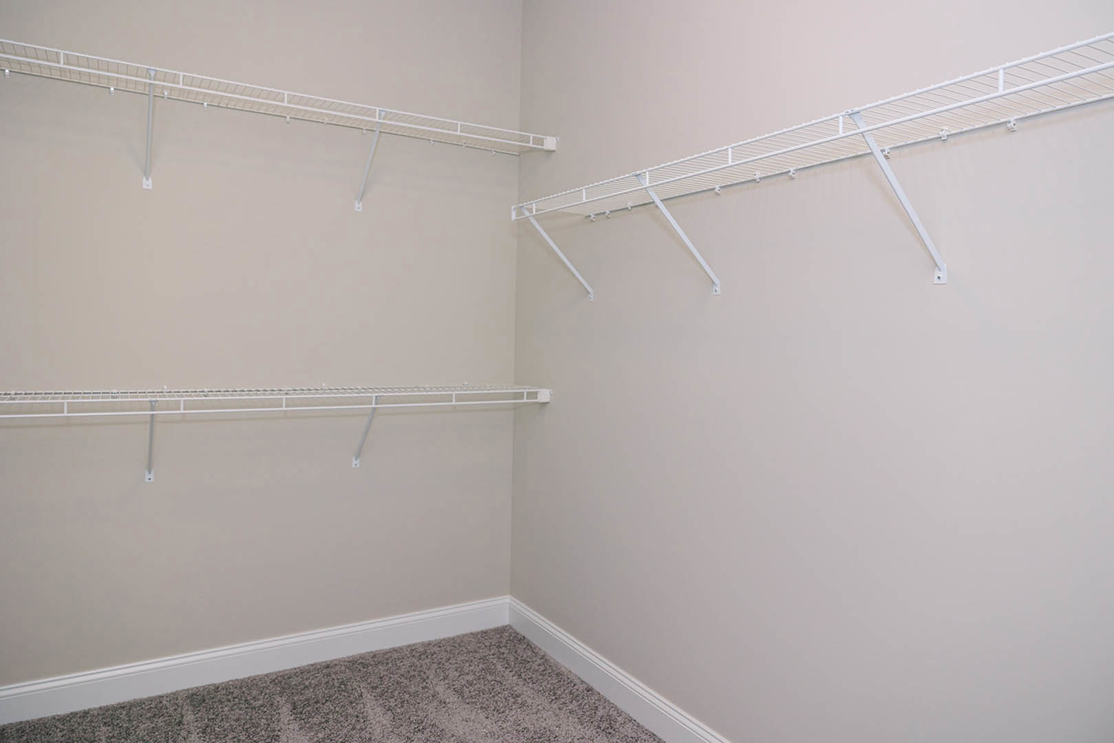 White built-in shelves mounted on a white plaster wall, soft carpet flooring, white railing, and integrated shelf lighting in a modern bathroom interior.