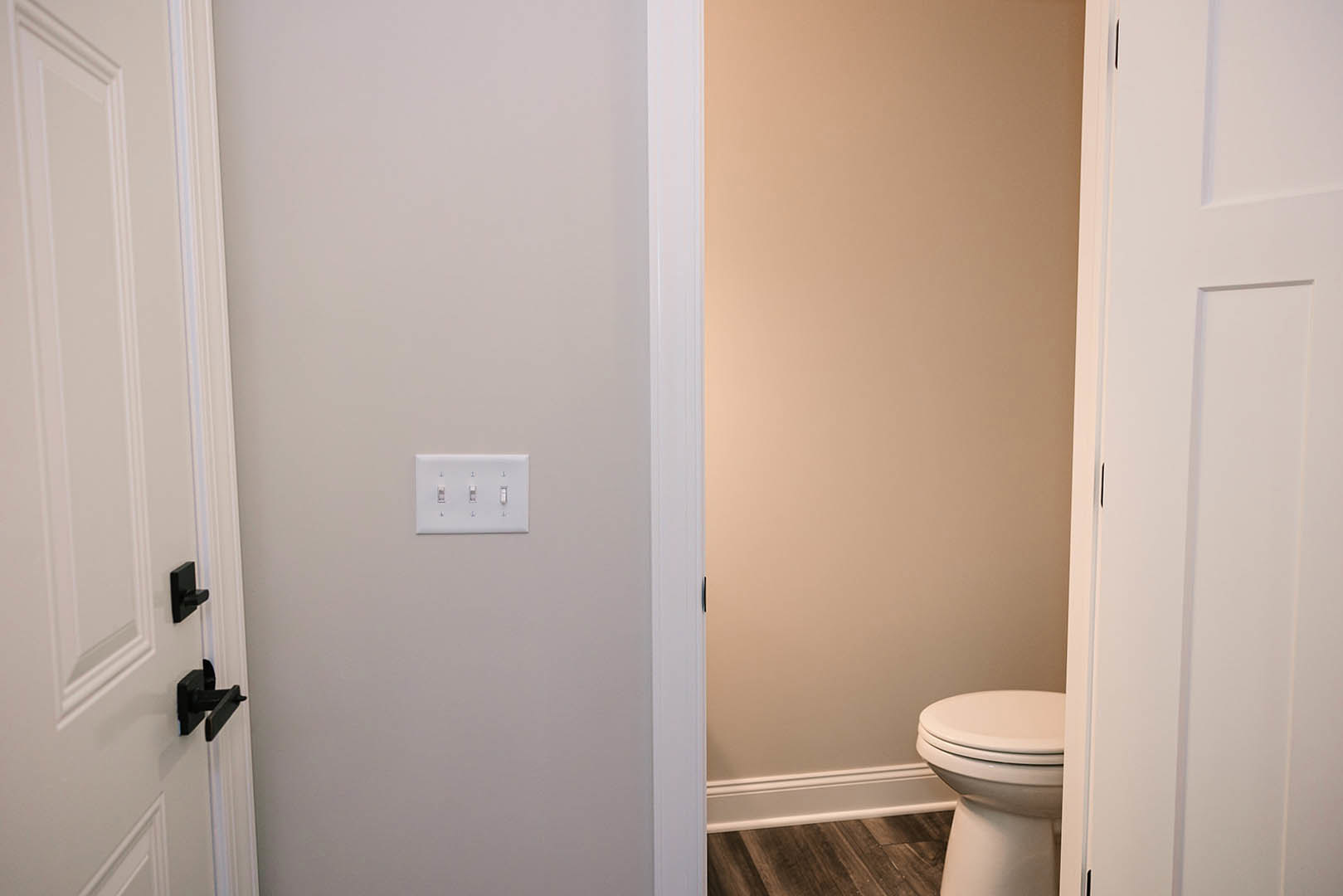 White toilet beside a plaster wall with a light switch, wood flooring, and a metal door handle visible