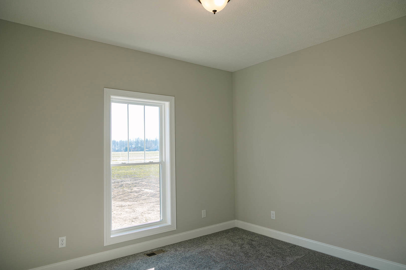 Carpeted room with white walls, large window overlooking grassy field, ceiling light fixture illuminated, window blinds partially open, decorative wall molding