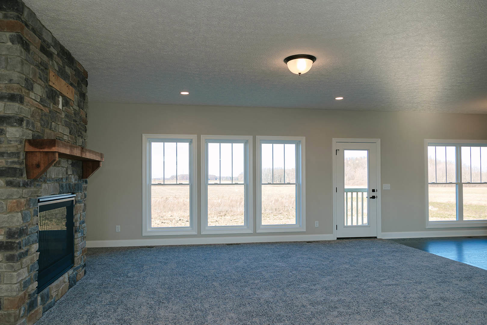 Living room with stone fireplace, white door featuring glass window, large windows overlooking grassy field, neutral carpet flooring, modern light fixture, plaster walls, and white