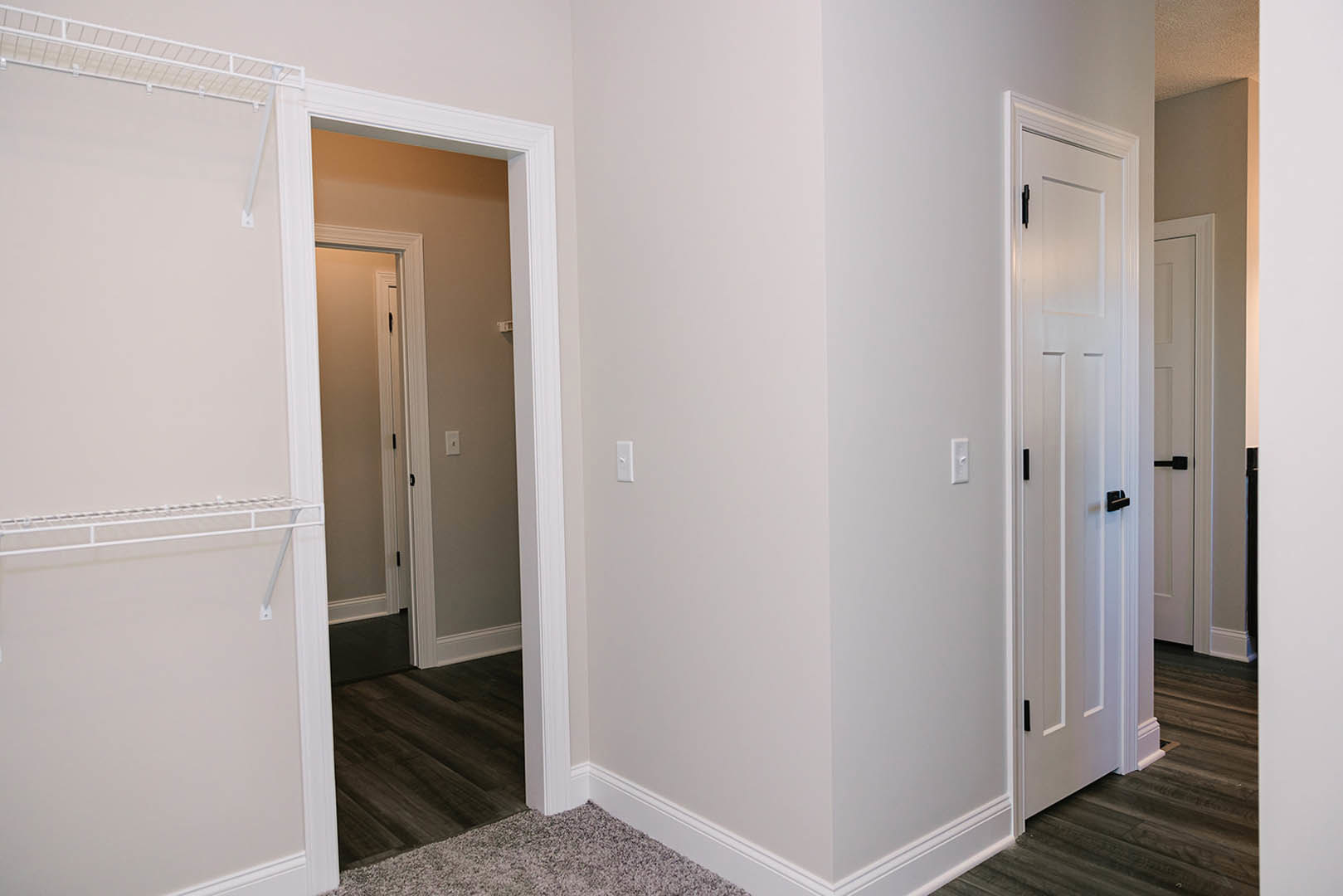 Hallway with white paneled doors, dark wood flooring, and a white wall shelf