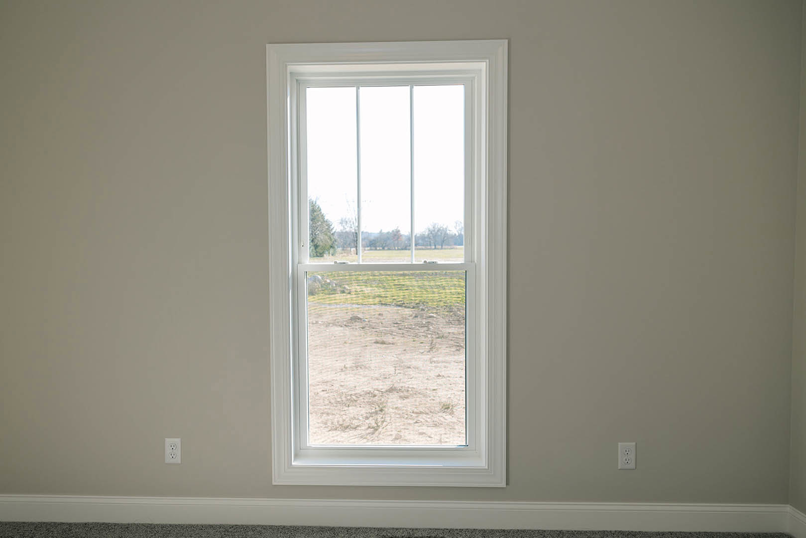 Large window set in a white wall with white molding, offering a view of green grass and trees outside, natural daylight filling the room