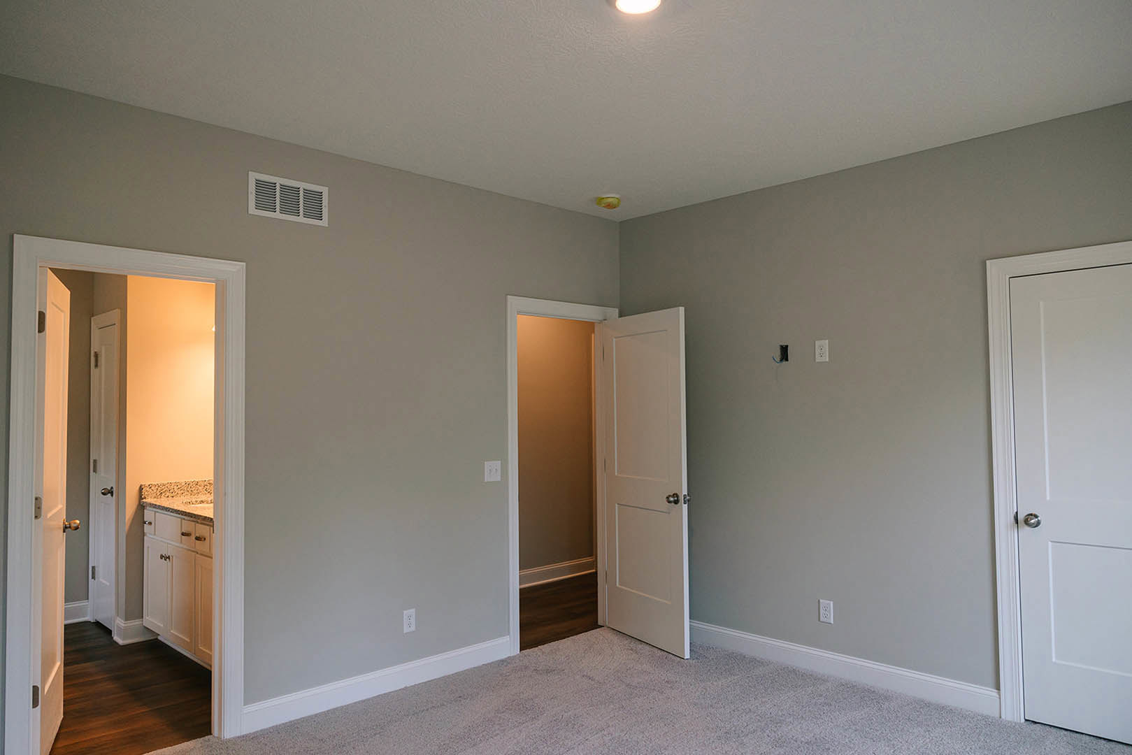 Bathroom with marble countertop and undermount sink, open white door, carpeted floor, dark wood flooring with white trim, ceiling vent, light-colored walls