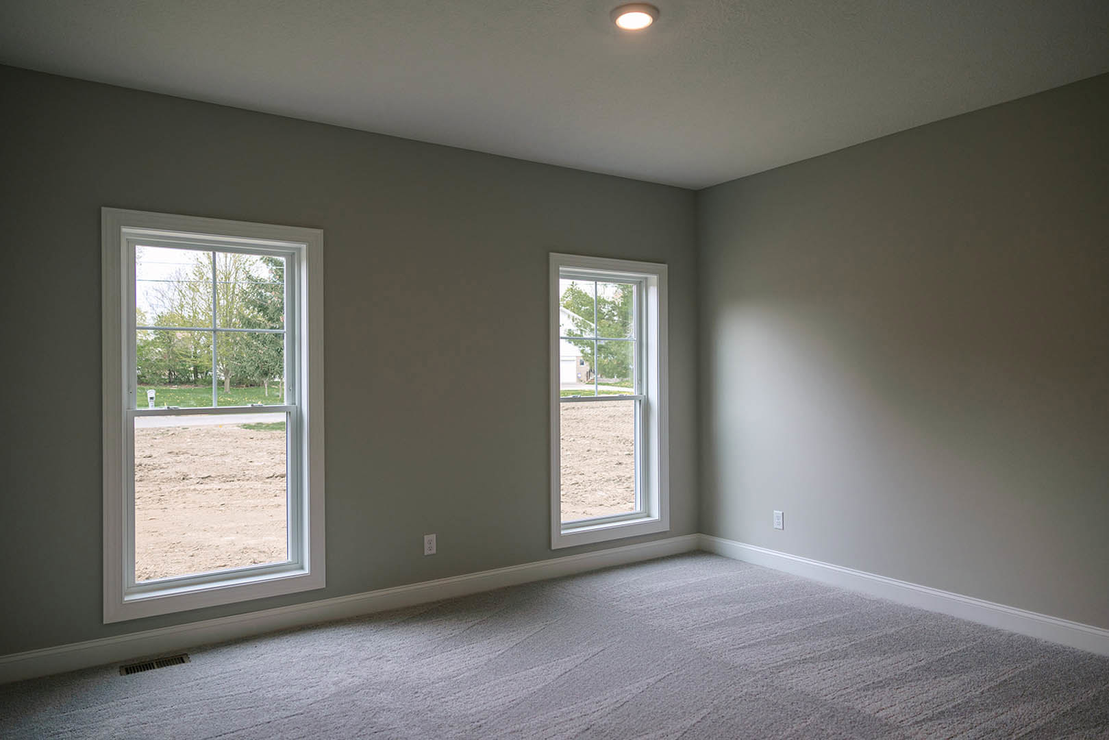 Carpeted room with large windows, white plaster walls, and views of a dirt field and trees outside