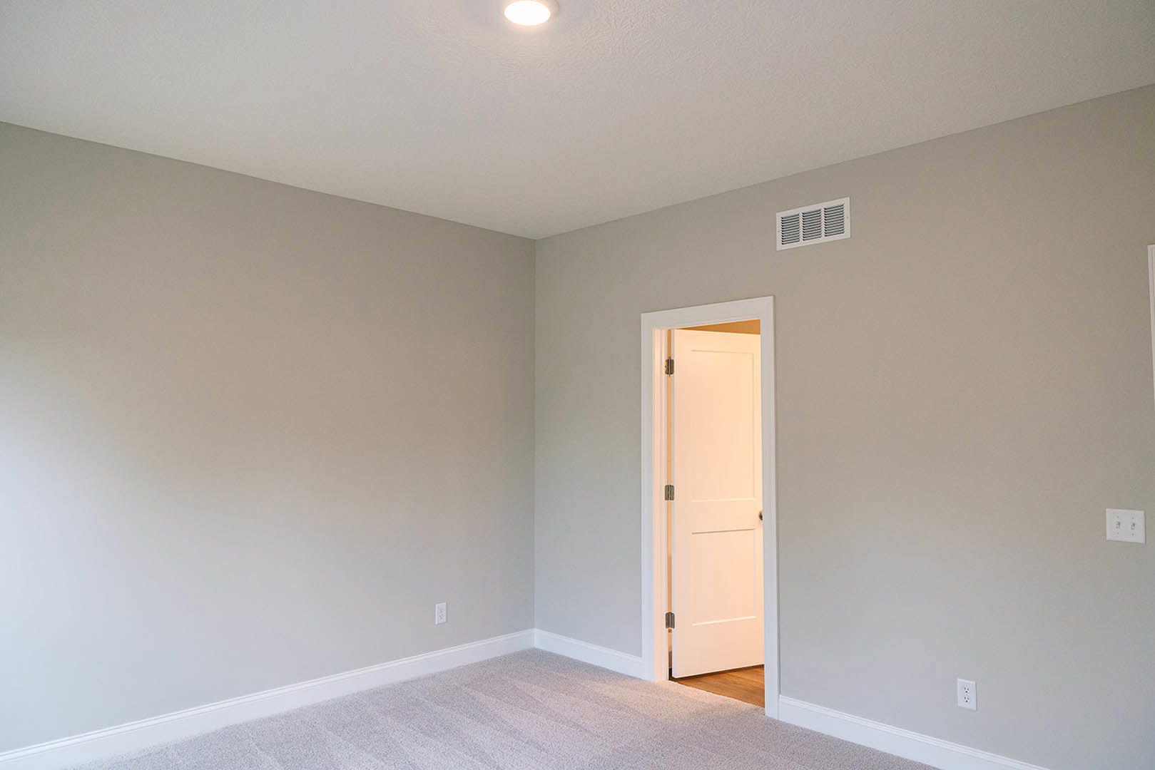 White paneled door with gold handle open to carpeted room, white walls, ceiling vent, and light switch visible