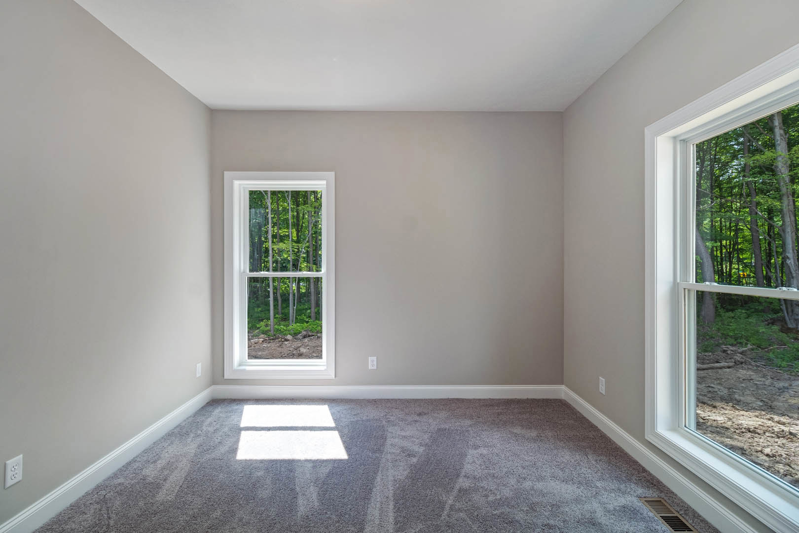 Bedroom with beige carpet, white walls, large window overlooking leafy trees, natural daylight illuminating the space