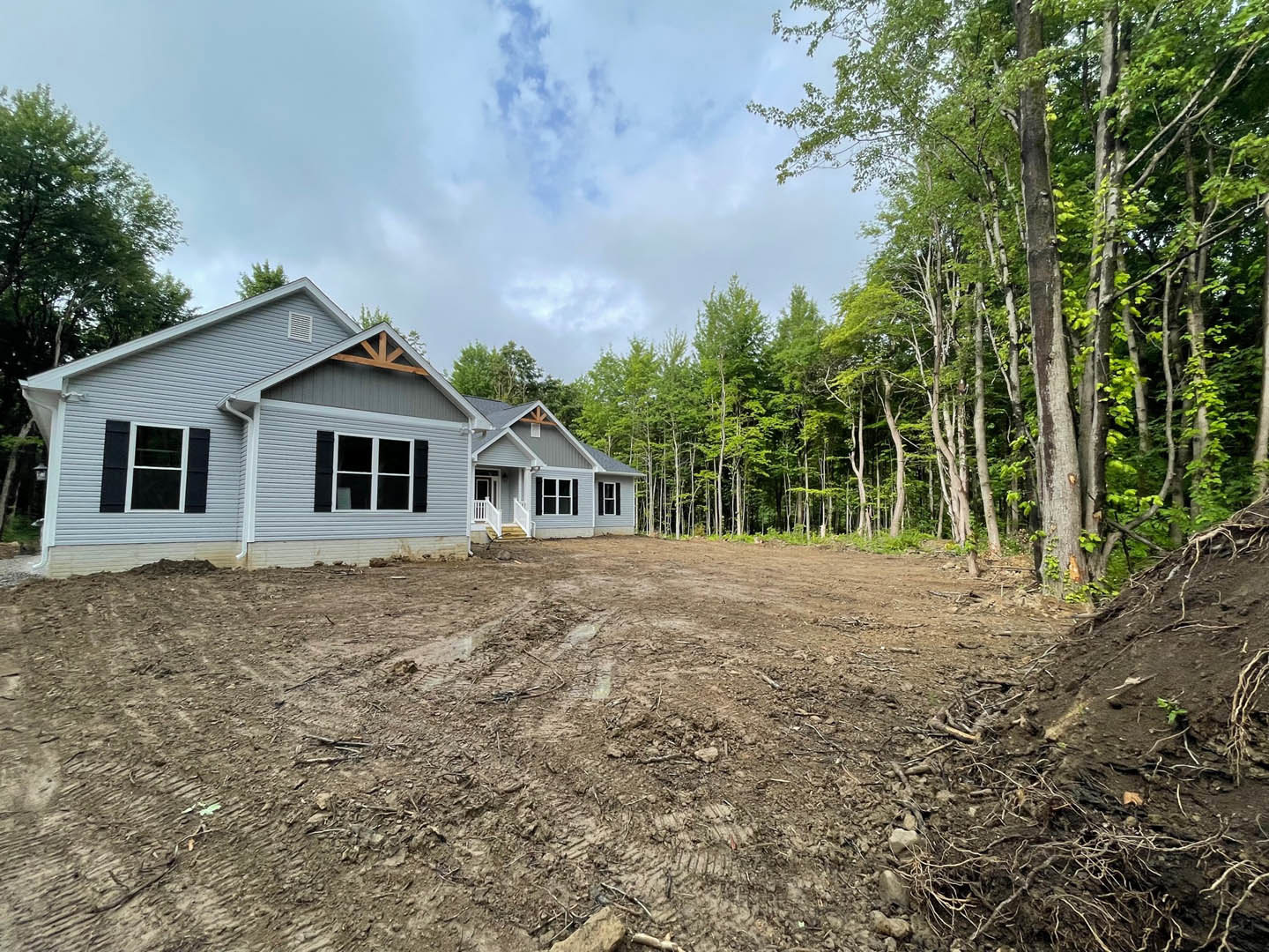 Partially built house with exposed wooden framing, white window frames, unfinished roof, and muddy ground, surrounded by tall trees under a cloudy sky