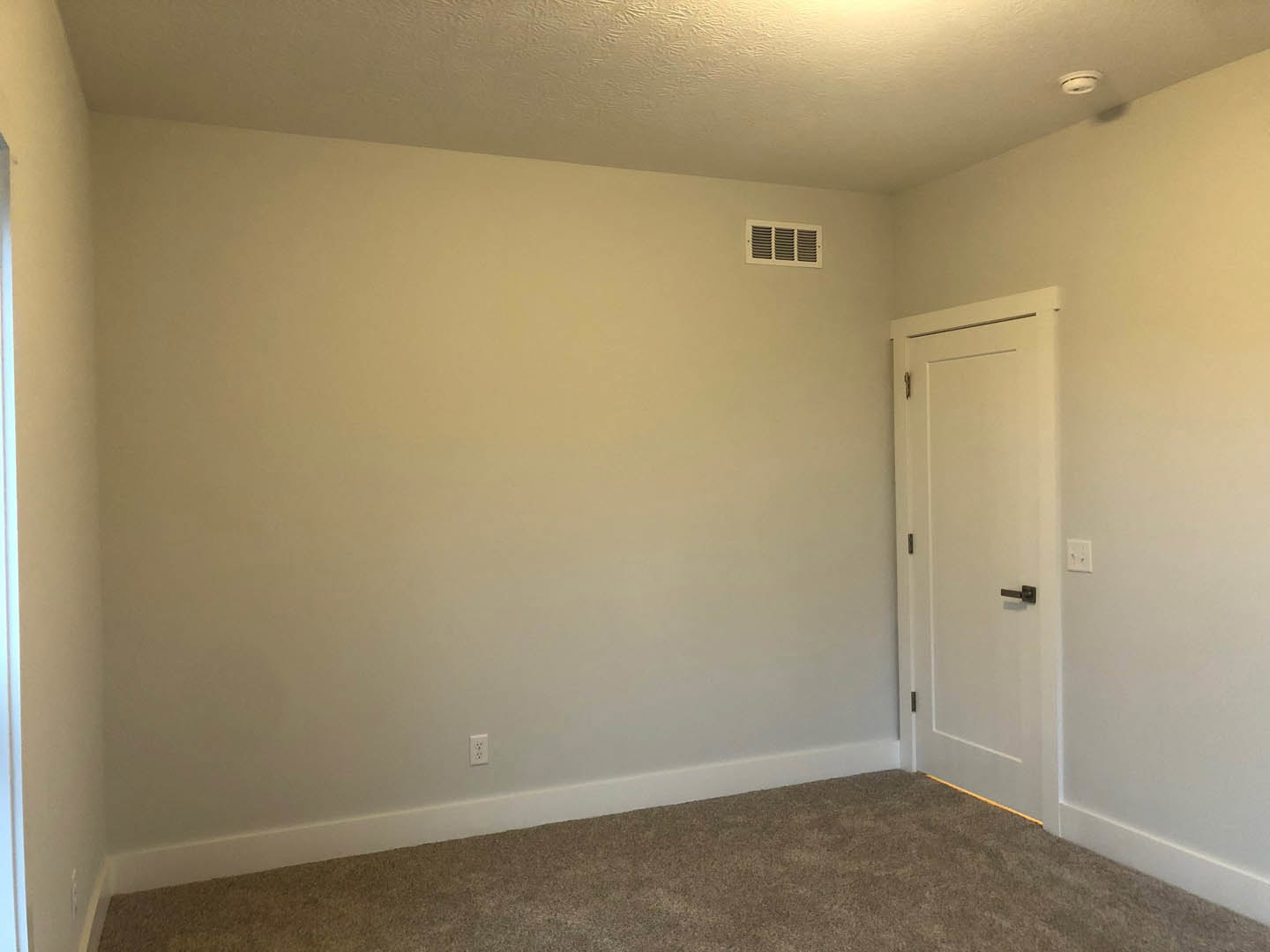 Neutral-toned carpeted floor, white walls, paneled door with silver handle, rectangular vent in corner near baseboard