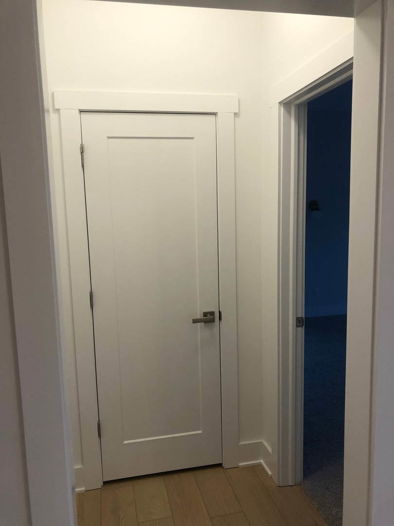 White paneled door with silver handle set in a white wall, wood flooring, minimal trim detailing