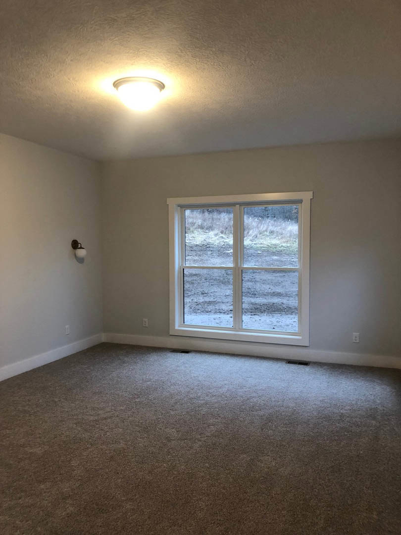 Carpeted bedroom with white walls, large window overlooking grassy field, ceiling light fixture, and natural daylight illuminating the space