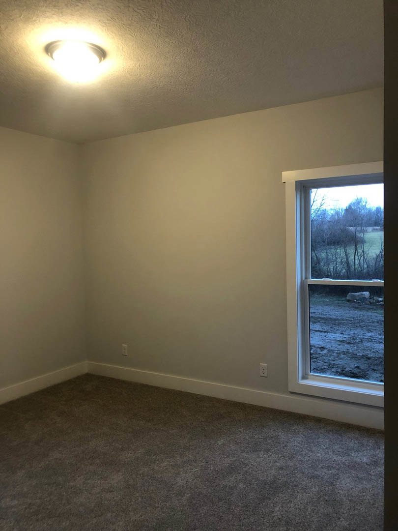 Carpeted room with white baseboards, large window overlooking grassy field and trees, soft natural light illuminating neutral walls and ceiling