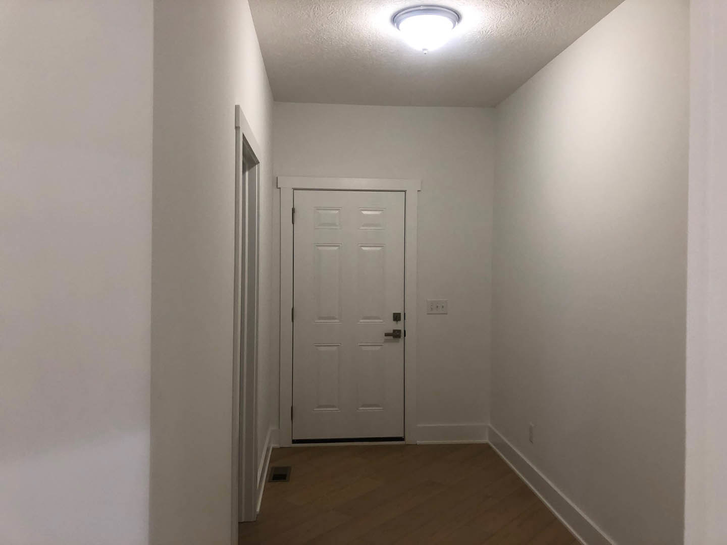 Hallway with wooden flooring, white plaster walls, white door with silver handle, and ceiling-mounted light fixture