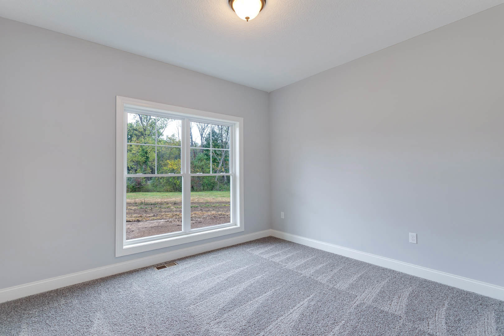 Bedroom with beige carpet flooring, white walls, large window overlooking trees, ceiling-mounted light fixture, and simple baseboard molding