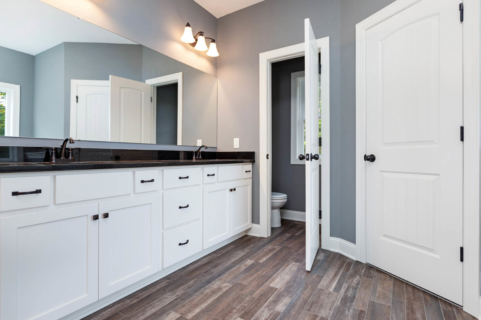 Bathroom with white shaker cabinets, quartz countertop, rectangular wall mirror, black hardware on white door, three-light fixture above mirror, wood-look tile flooring, close-up