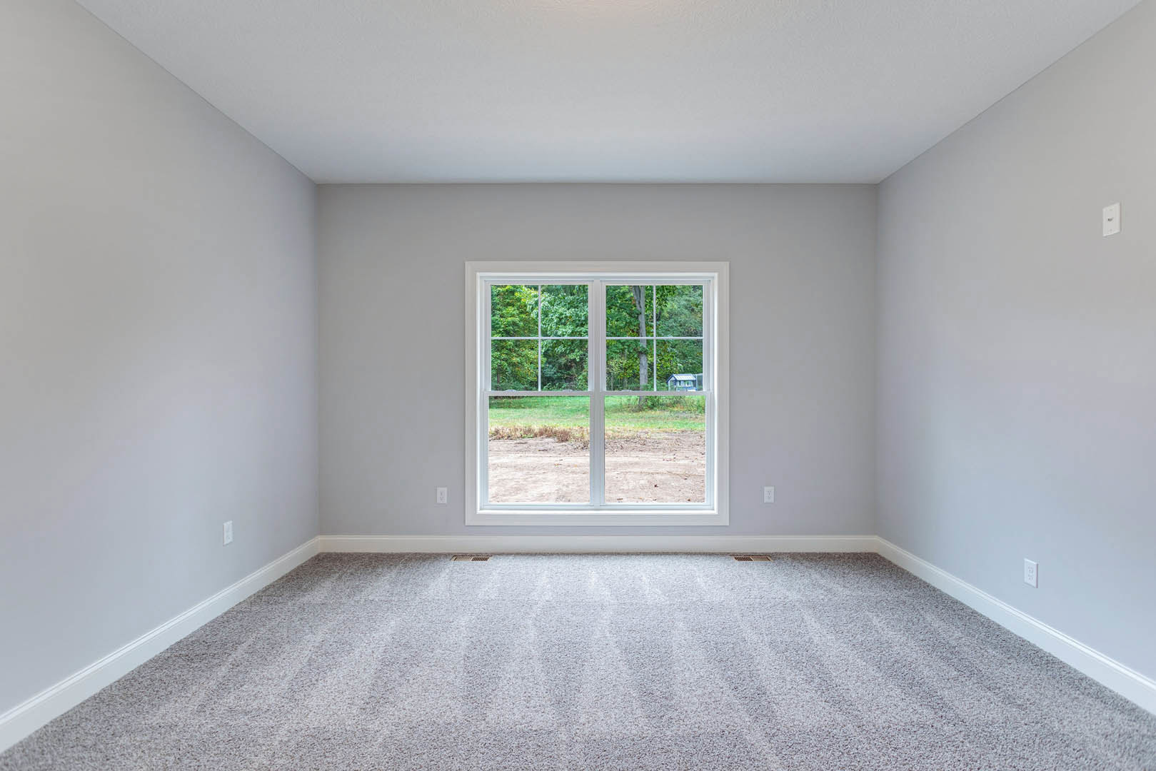 Carpeted room with white walls, large window overlooking green yard and trees, natural daylight, simple molding