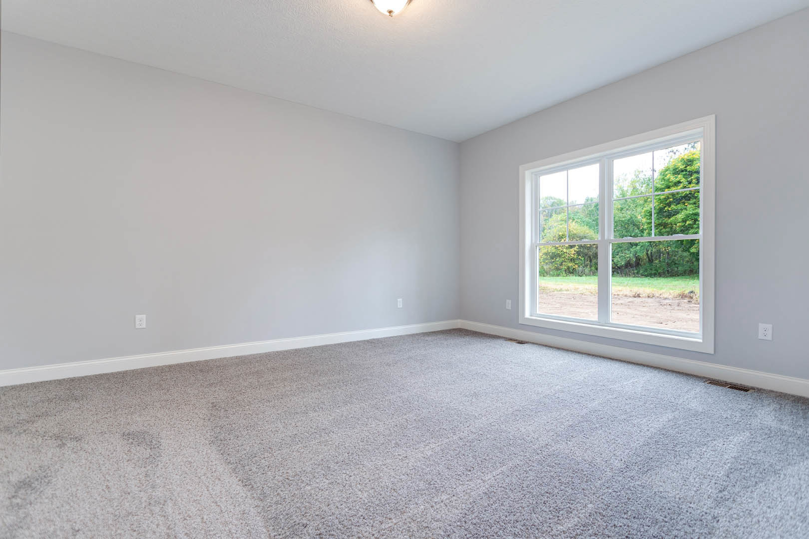 Carpeted bedroom with white walls, large window overlooking trees, ceiling light fixture, and natural daylight illuminating the space