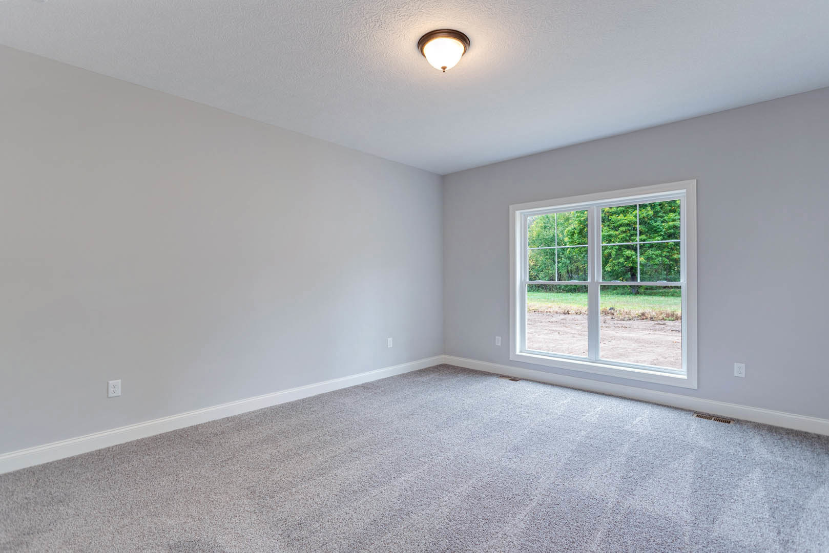Carpeted room with white walls, ceiling light fixture, large window overlooking green trees