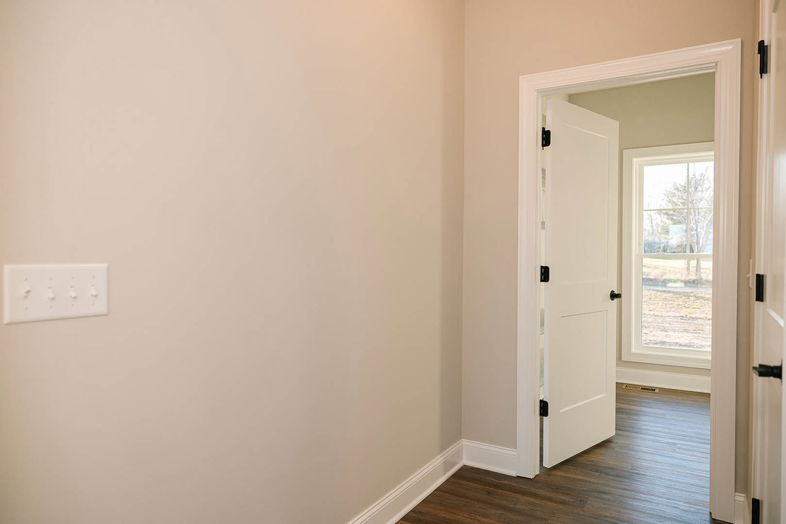 White paneled door with black knobs set in a white plaster wall, light switch nearby, open to a window showing a leafy tree outside, hardwood flooring visible.