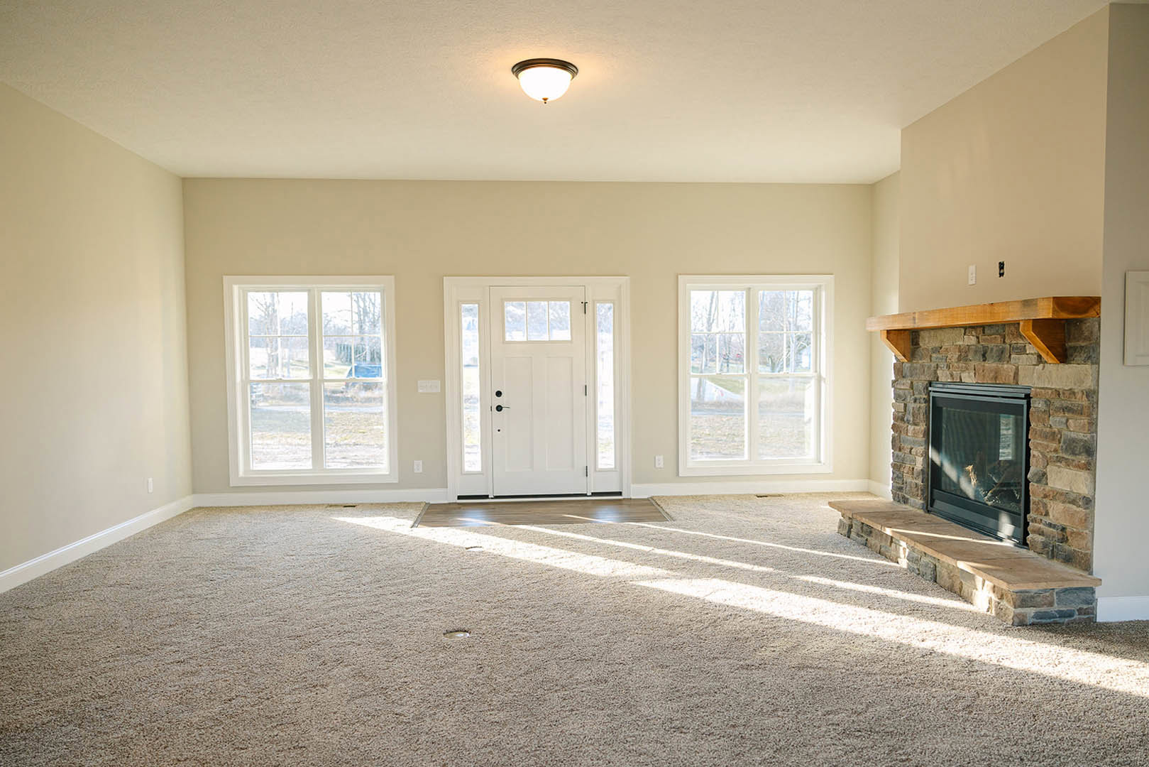 Living room with beige carpet, white-framed windows, built-in fireplace with glass front, white door with glass panes, plaster walls, crown molding, and ceiling light fixture.
