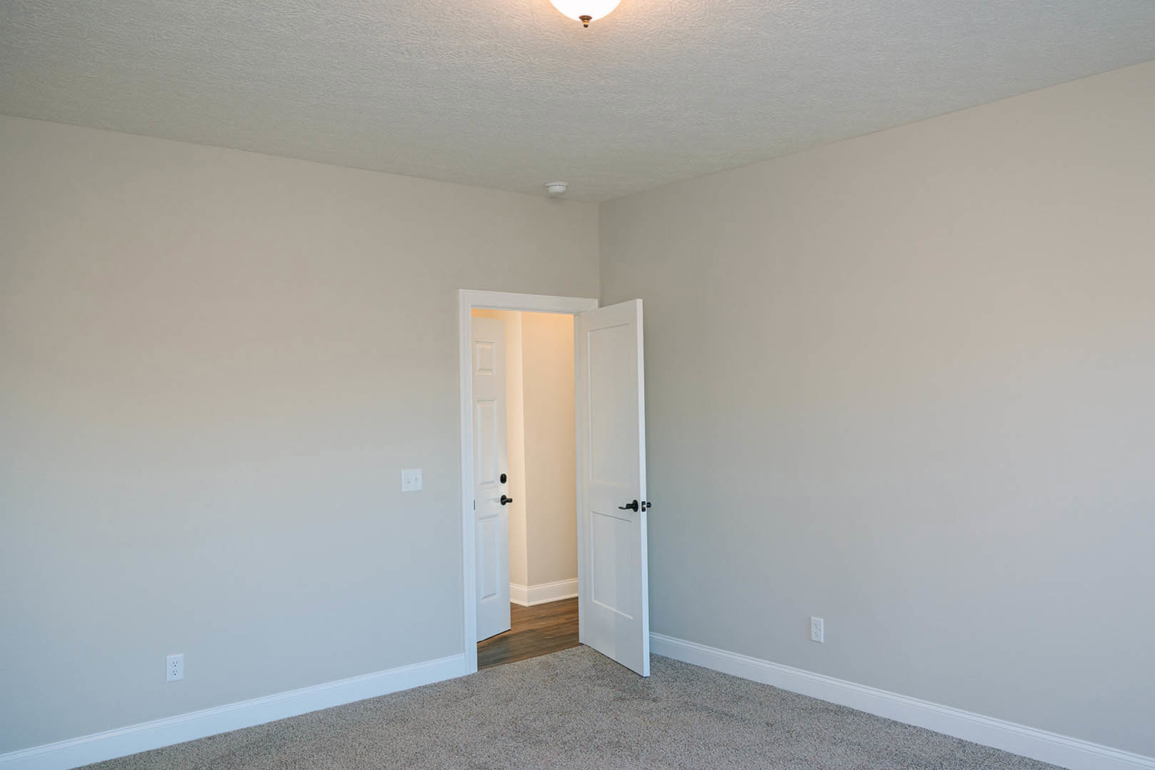 White-painted room with two white doors, one open, black door handles, light carpet flooring, and smooth white plaster walls